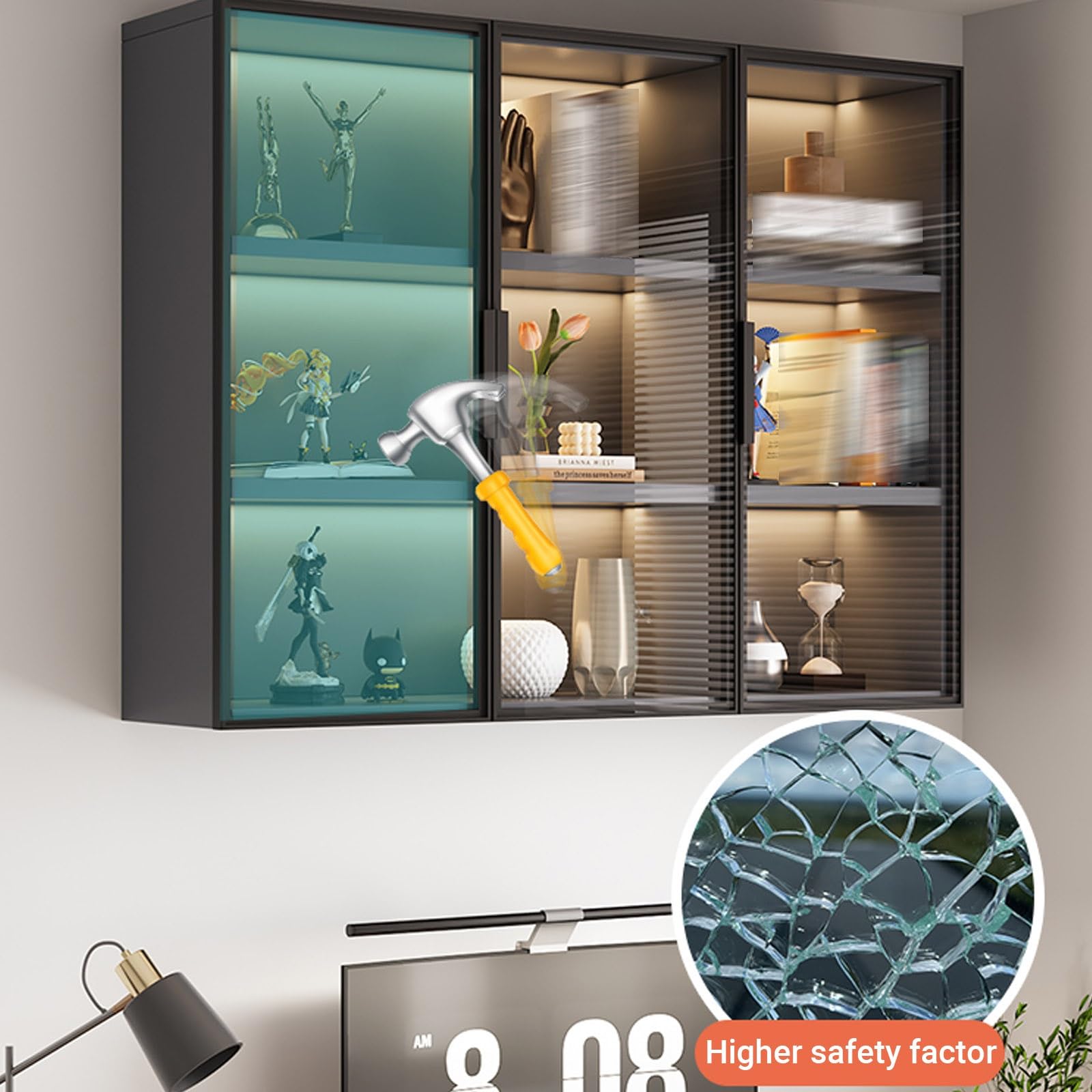 Naścienna szklana witryna - stylowy stojak do przechowywania ze szklanymi drzwiami do kuchni, sypialni i gabinetu (120 x 25,6 x 95 cm / 47.2x10.1x37.4in / 47,2 x 10,1 x 37,4 cala)