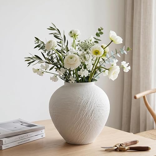 Vintage Stone Textured Ceramic Vase, Minimalist White Flower Vase, Rustic Decorative Centerpiece for Farmhouse, Living Room, Shelf, Dining Table Home Decor,Small-Sized (White Texture 6.3'' Tall)