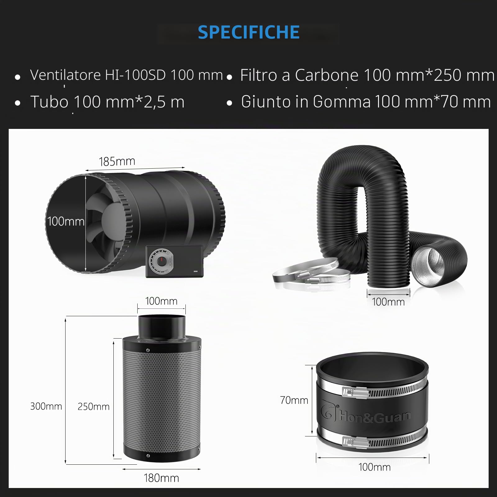 Hon&Guan 100 mm 221 m³/h Set di Ventilazione, Include Ventilatore a velocità Regolabile, Filtro al Carbone, Tubo Flessibile, Connettore in Gomma, per Tenda 60 x 60 cm, 80 x 80 cm