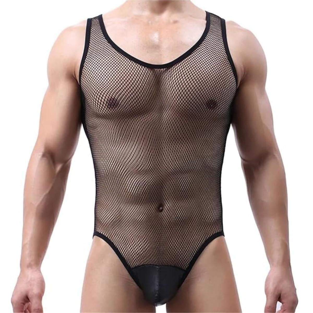 Men's Fishnet Leotard, See Through Sleeveless One Piece Jumpsuit, Sexy Mesh Sheer Fitness Leotard Wrestling Singlet Bodysuit Bulge Pouch Thong Underwear Jumpsuits for Nightwear Rave Club Undershirt