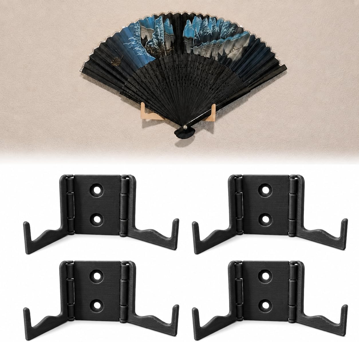 Fan Wall Display Mount - 4 Pack Adjustable Decor Fan Holder - Minimalist Stand for Asian Folding Fans, Hand Fans, Decorative Wall Decor Accessories (Black)