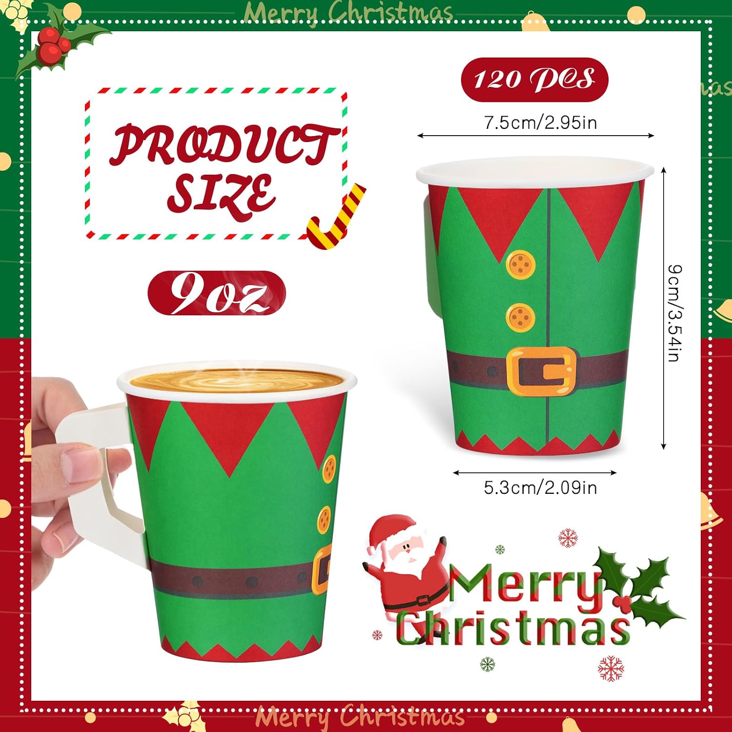 Zhehao 120 Pcs 9 oz Christmas Espresso Paper Cups with Handles Christmas Cups Disposable Tea Cups Disposable Coffee Mugs for Kids Adults Beverage Holiday Xmas Party Supplies (Elf) image 3