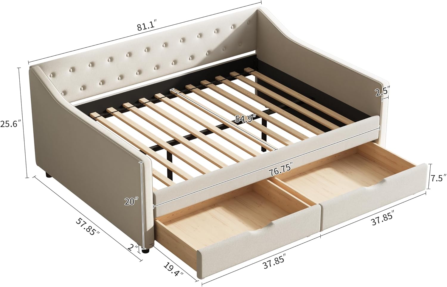 Ball & Cast Full Size Upholstered Daybed with Two Storage Drawer, Day Bed Frame w/Button Tufted Back and Wave Shape Arm for Bedroom, Guest Room,Apartment,Beige