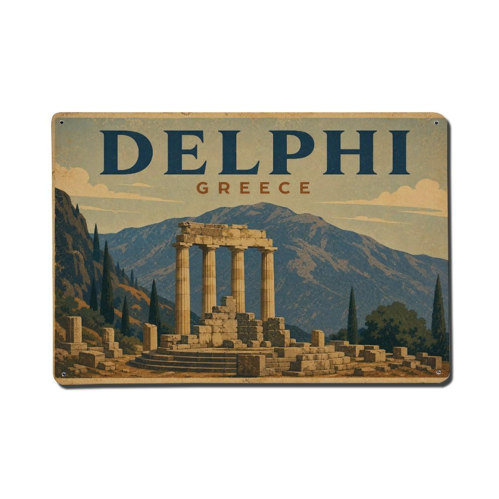 Vintage Travel Greece Delphi Metal Tin Sign Plaque Wall Decor for Cafe, Club Bar, Office, Garden Metal Poster 8x12Inch