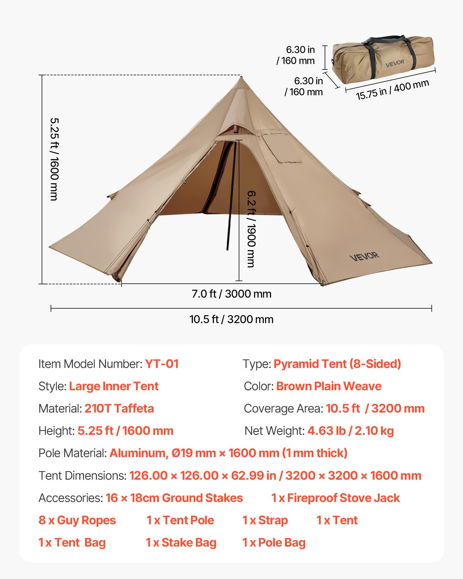 VEVOR Tipi przenośny namiot dla 2 osób, 320 x 320 x 160 cm ze złączem do pieca, wodoodporny namiot stożkowy z płótna na kemping, wędrówki, wędkowanie i plecakiem, rozmiar S