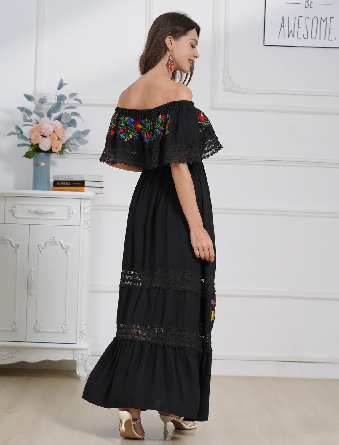 Mexican Dress for Women Floral Embroidered Off Shoulder Long Maxi Dress Summer Casual - Image 7