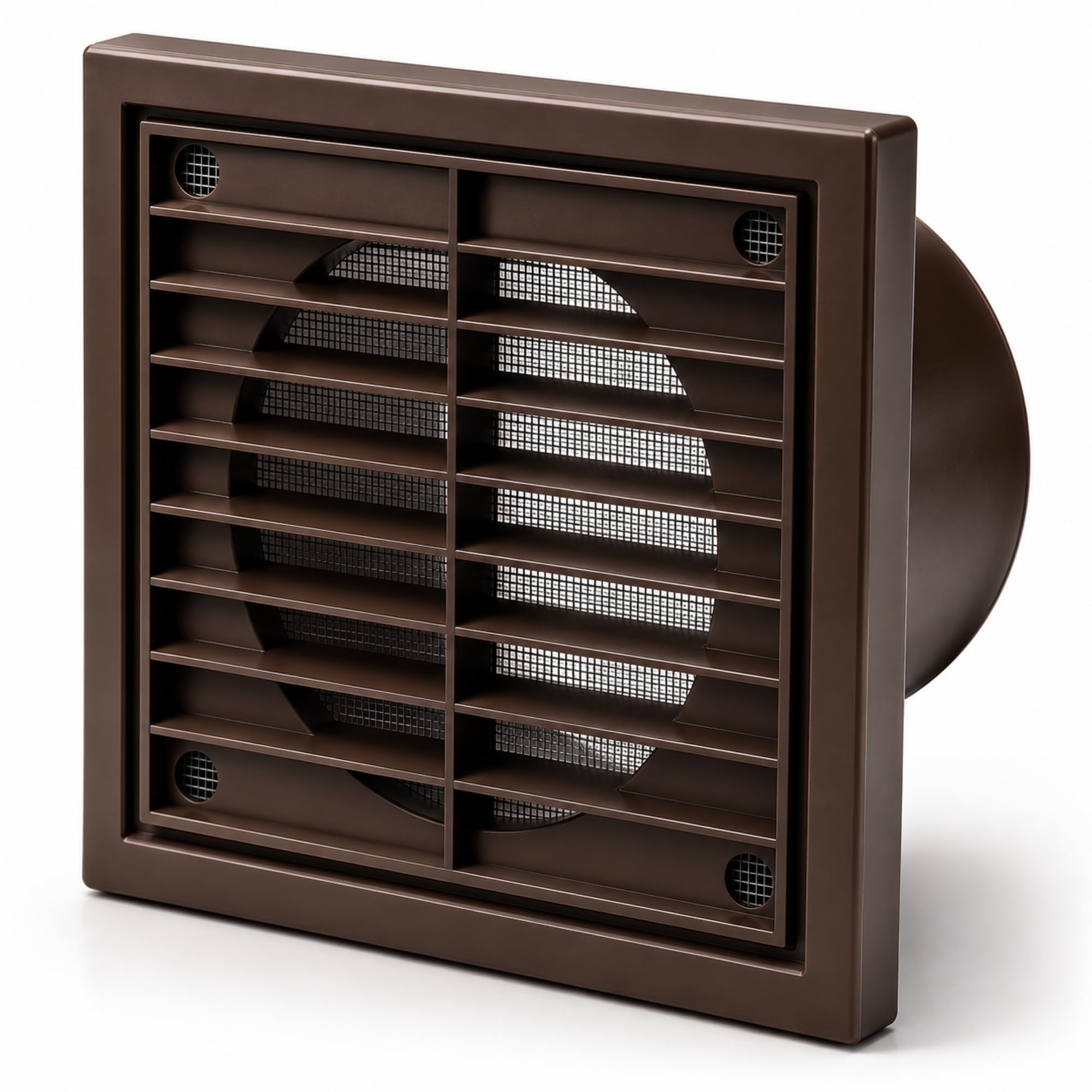 Airflow® External Wall Vent Cover – Brown Round Plastic Grille with Flyscreen for 100mm Ducting – Weatherproof Air Outlet – 140mm x 140mm
