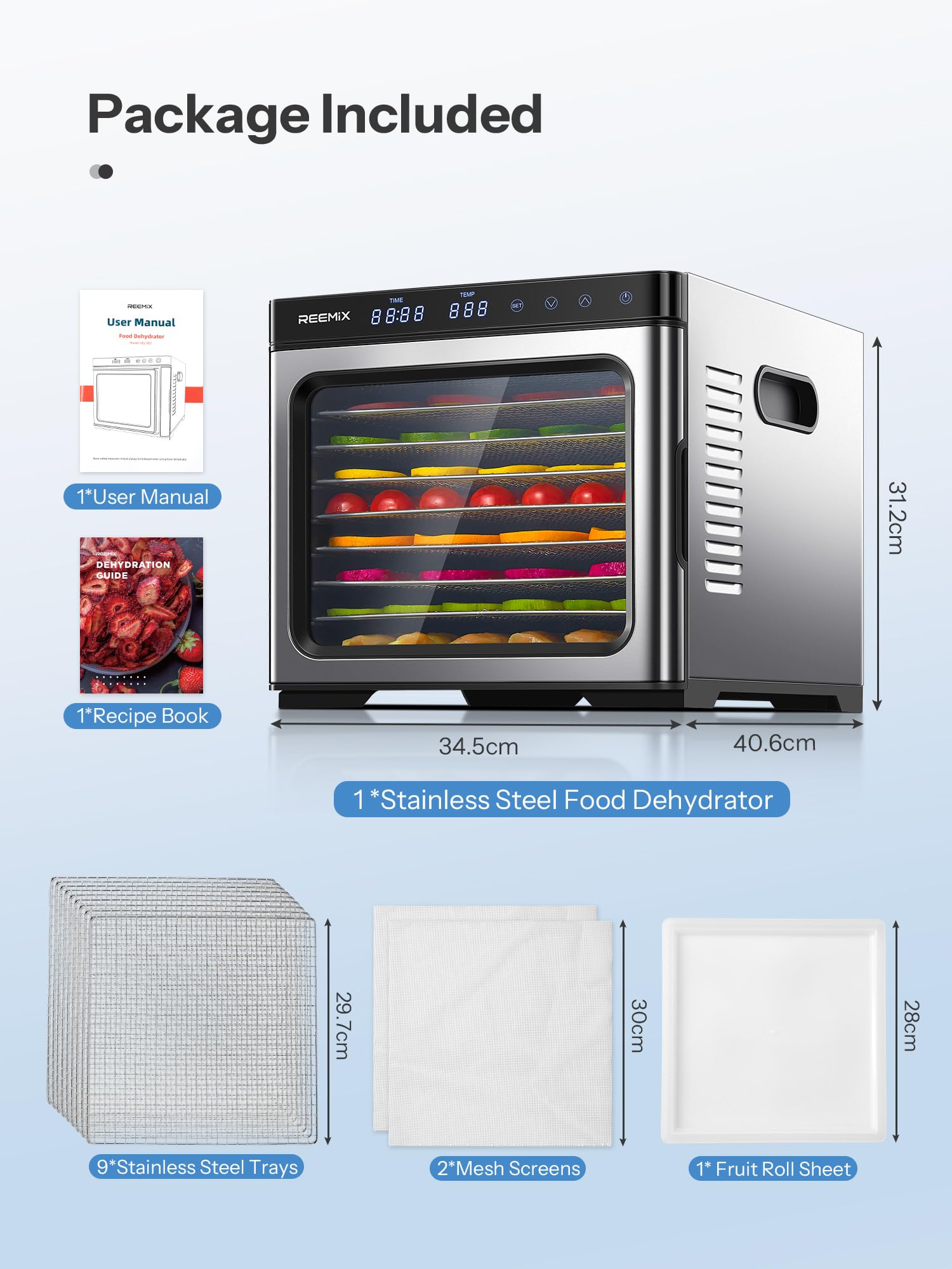 Déshydrateur alimentaire en acier inoxydable 1000W, contrôle digital, 9 plateaux, surface 0,8 m², température 30–75°C, minuterie 30 min–48h, écran LCD tactile