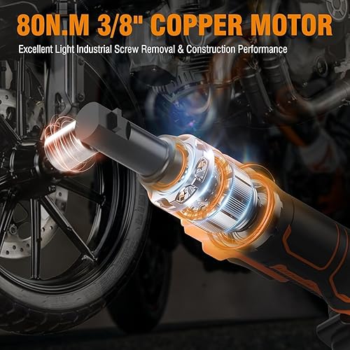 Miniatura 2 de Protmex Llave de trinquete inalámbrica de 38 pulgadas, trinquete eléctrico de 60 pies-libras (80 N.m) con batería de 21 V, 2 x 2.0 Ah, juego de