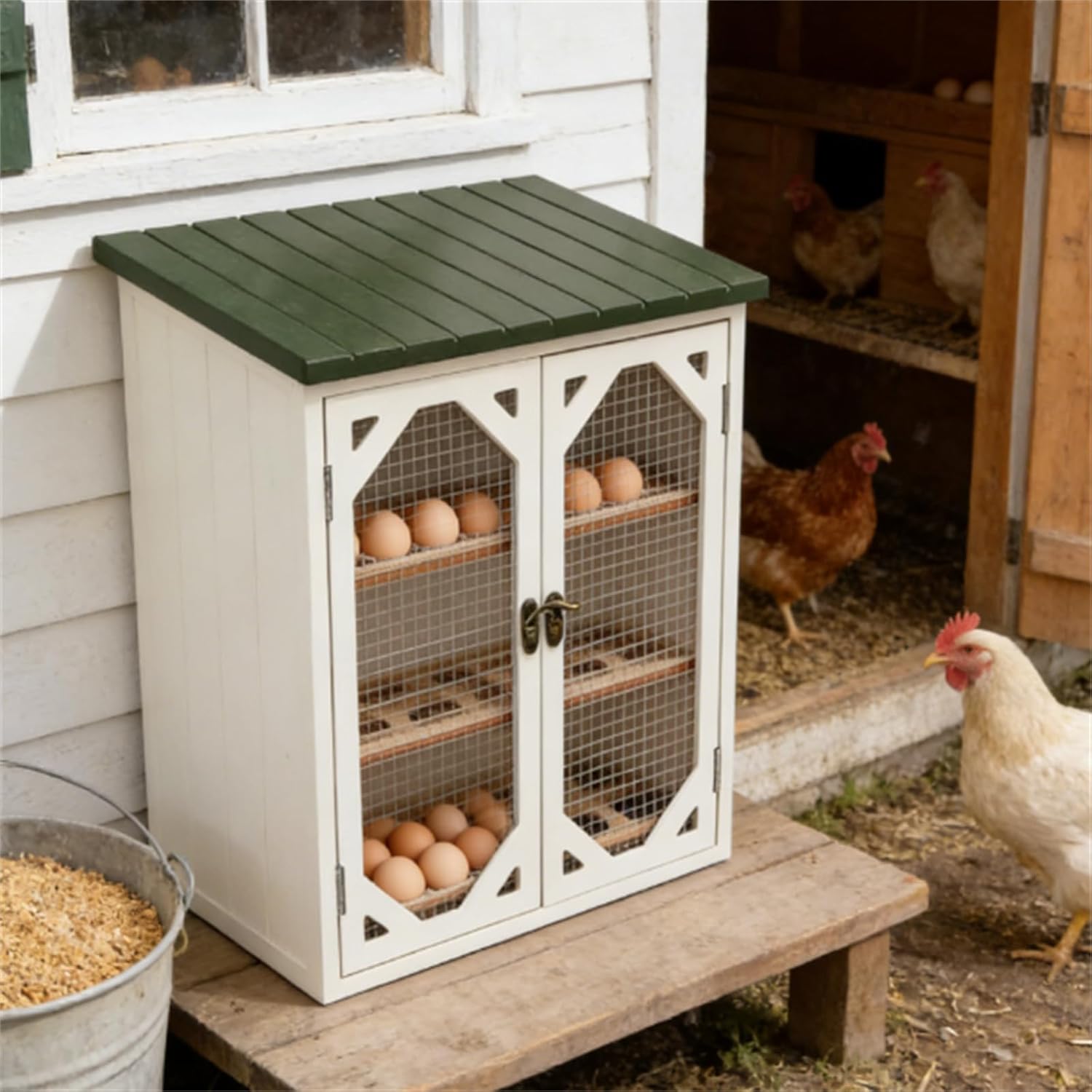 Farmhouse Egg Cabin, Egg Cabin with Double Doors, Fresh Egg Holder with Wire Mesh Window for Pantry Cabin Coop Farm, Decorative Farmhouse Organizer for Eggs Kitchen Decor (2set)