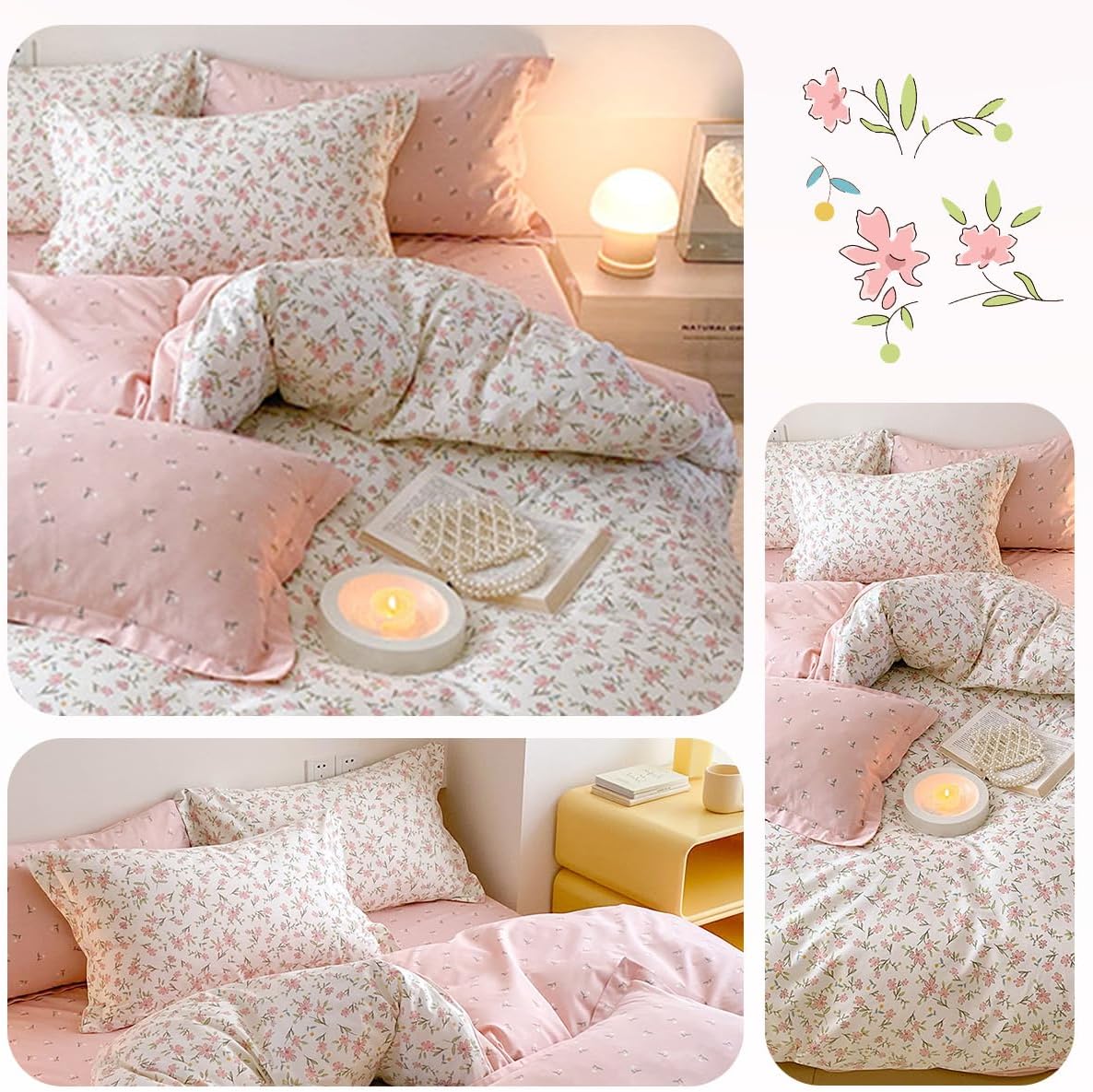 Pink Comforter Set Queen Size,3 Pieces Pink White Floral Bedding Comforter Sets for Girls Kids Garden Style,Cozy Breathable Microfiber Comforter and 2 Pillowcases