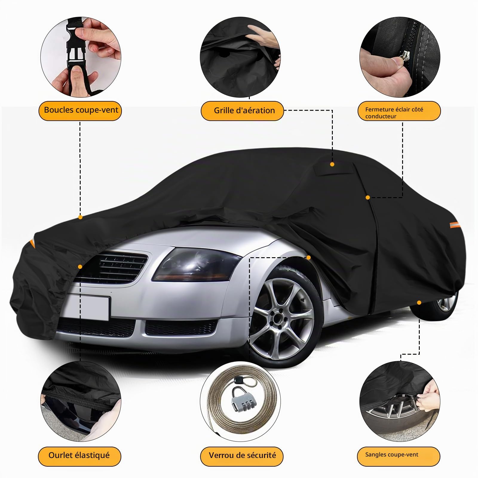 Bache Voiture Exterieur imperméable pour Audi TT 8N 1998-2006 | imperméable couverture housse de protection voiture bâche protection hiver été pour toutes les saisons à l'extérieur, Noir