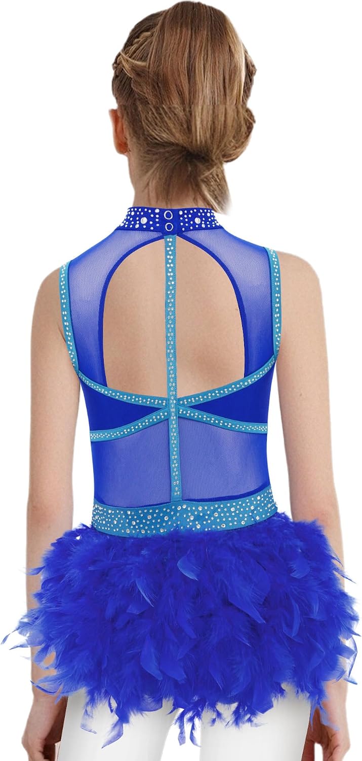 Girls Ballet Leotard Modern Gymnastics Jazz Dance Outfit Kids Sleeveless Feather Skirt Rhinestone Bodysuit