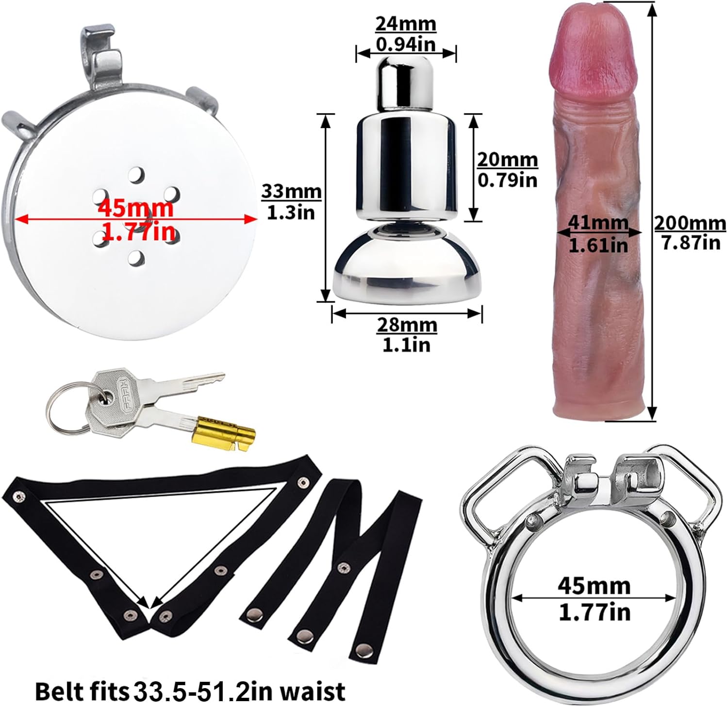 Metal Chastity Cage Strapless Dildo with Belt - Male Chastity Belt Large Dildo Adult Men Sex Toy - Men Realistic Dildo Butt Plug Stainless Steel Chastity Device for Couples (45mm Ring), Black