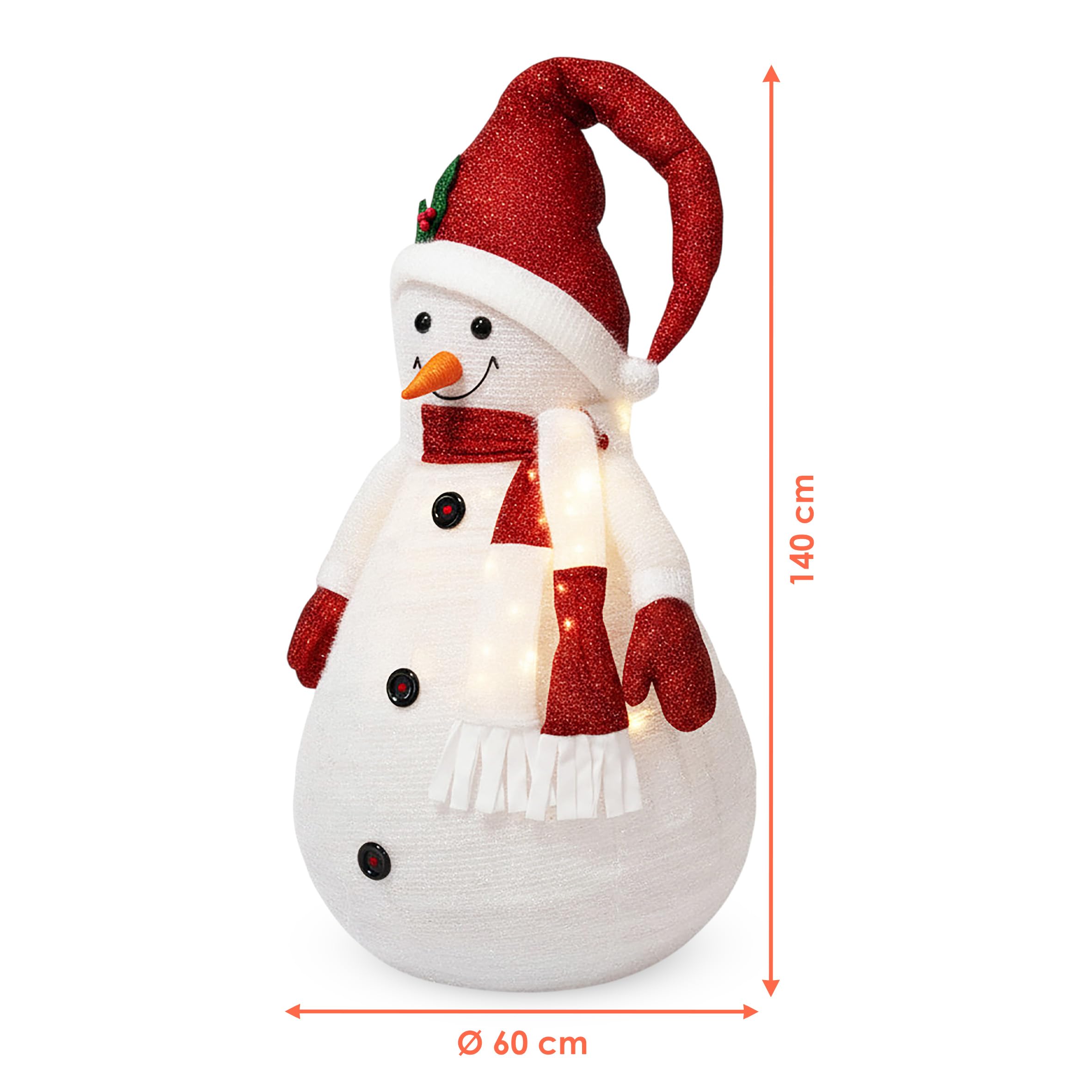 XXL LED Stoff Schneemann für Außen mit Timer - 140 cm - Beleuchtete Gartenfigur mit 20 LED - Deko Garten Figur wasserfest mit Timer Batterie betrieben