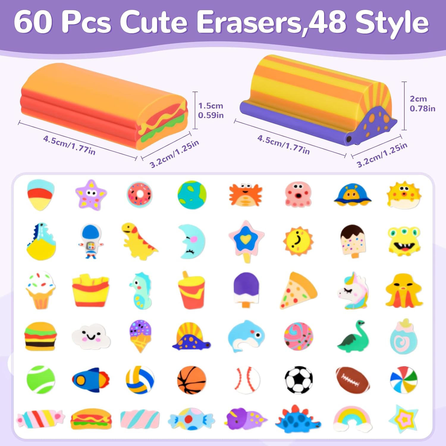 LiYiQ 60 Pcs Cute Eraser for Pencils Bulk Cute Supplies Kawaii Erasers for Classroom Fun Erasers for Classroom Supplies Party Favors Gift