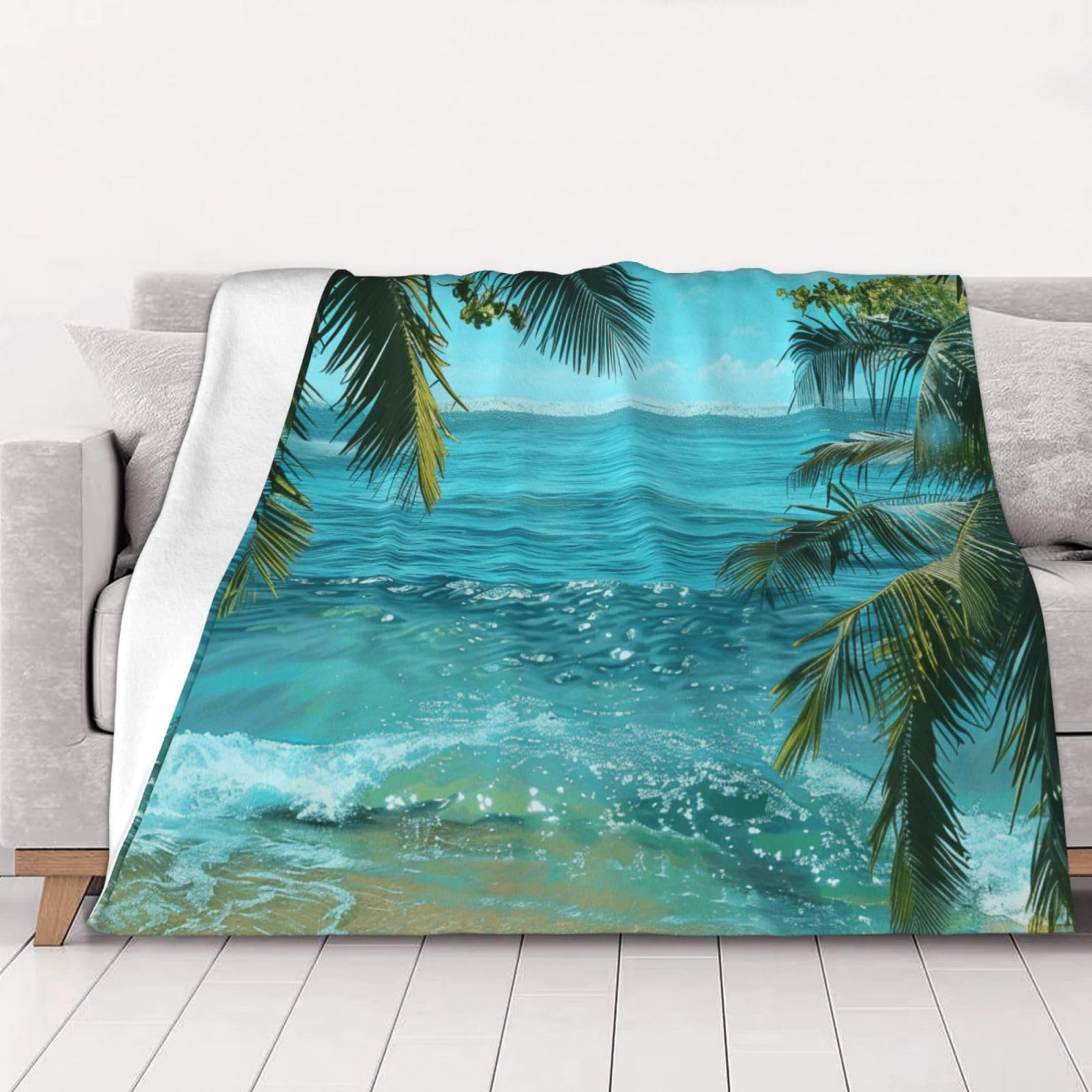 AUBKFELD Sea Beach Palm Leaves Printed Flannel Blanket 200x150 CM, Soft & Warm Throw Blanket for Sofa/Couch/Bed/Car, Gifts for Audlts Women Men