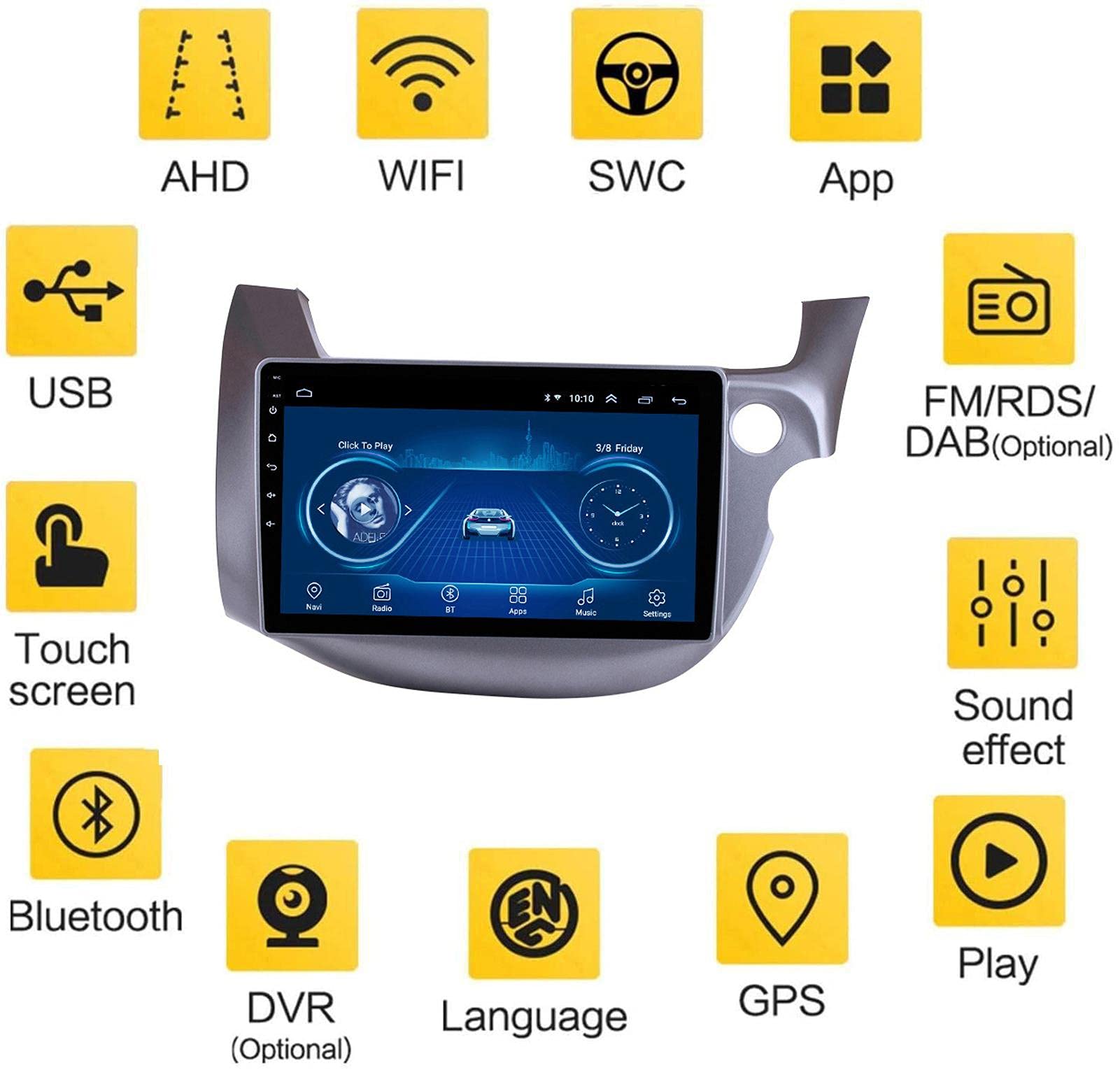 Nav Car Multimedia Au-DIO Speaker GPS Andoid 10 - Aplicable para Hon-da Fit 2008-2013, navegación estéreo para automóvil, Reproductor de Radio HD, Receptor Bluetooth FM USB, 10 Pulgadas HD, na