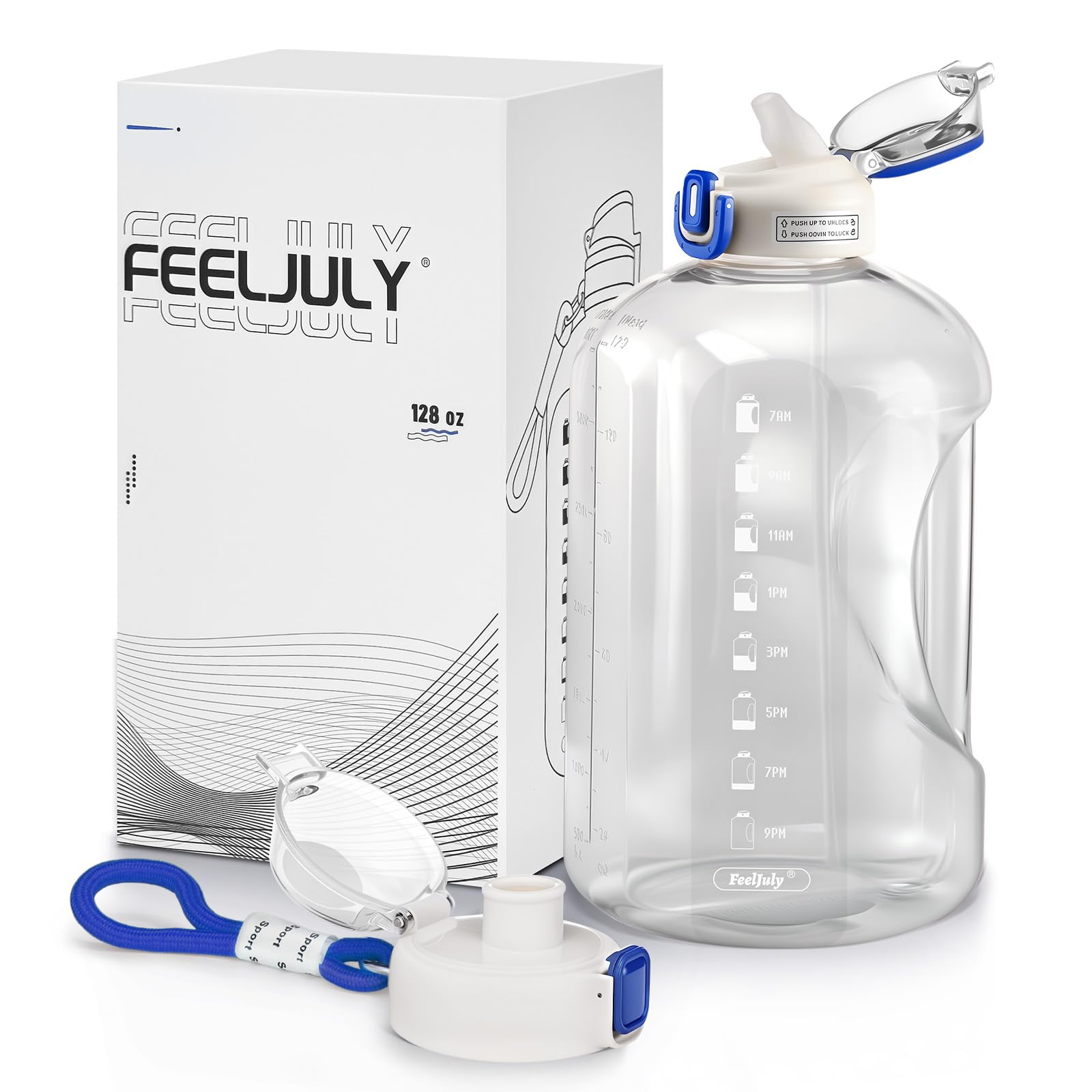 Feeljuly 64 OZ Water Bottle with Straw, Half Gallon Water Bottle Times to Drink, Reusable Leak Proof Water Jug Handle with Strap, 2 Lids BPA Free for