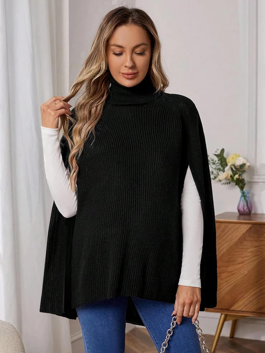 Spicy Sandia Women Turtleneck Poncho Sweater Cape Knit Pullover Solid Sweaters - Image 4