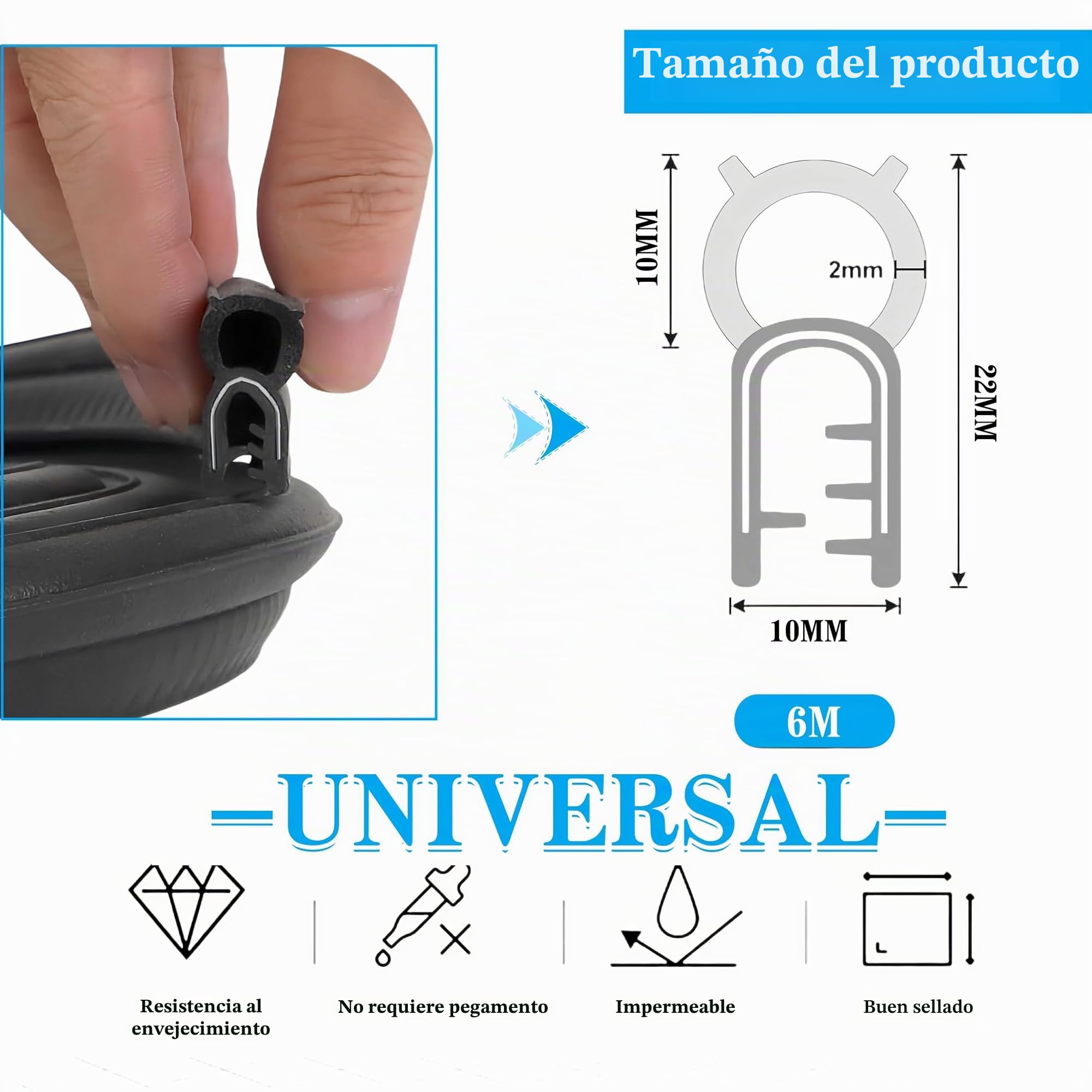 Junta de goma universal para puerta de coche, perfil de 6M con protección de bordes y sello superior para coches, barcos, autocaravanas, camiones y uso doméstico, protección contra la intemperie para