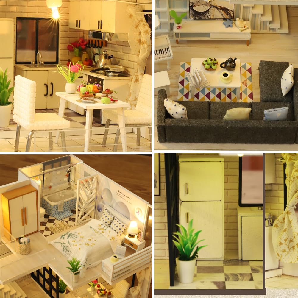 Kit fai da te in miniatura per casa delle bambole a 2 piani, modello moderno in legno con luci a LED, kit di costruzione fai da te, regalo creativo per hobby per adulti e ragazzi