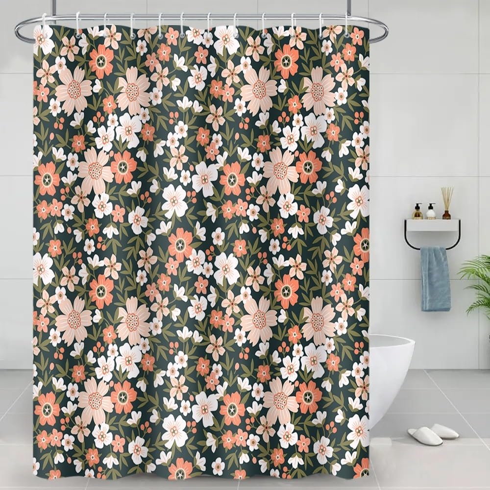 Floral Shower Curtain 72x84 Inch Boho Pink Flower Green Leaves Lush Plants Nature Botanical Bath Curtain Waterproof Fabric Modern Farmhouse Bathroom Decor Accessories Set with Hooks