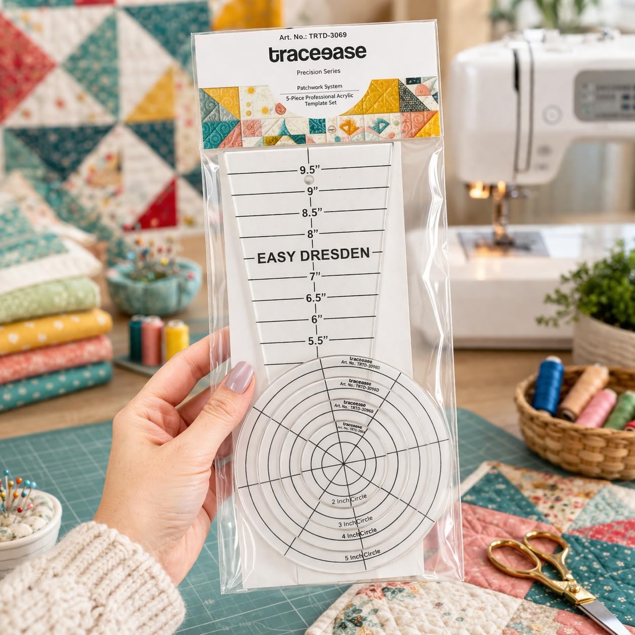 Traceease 5 Pcs Clear 4mm Acrylic Quilting Template Ruler Set, 10 Inch Dresden Plate Template with 4 Round Quilting Templates for Patchwork, Blanket Making, Sewing, Clothing Craft and DIY