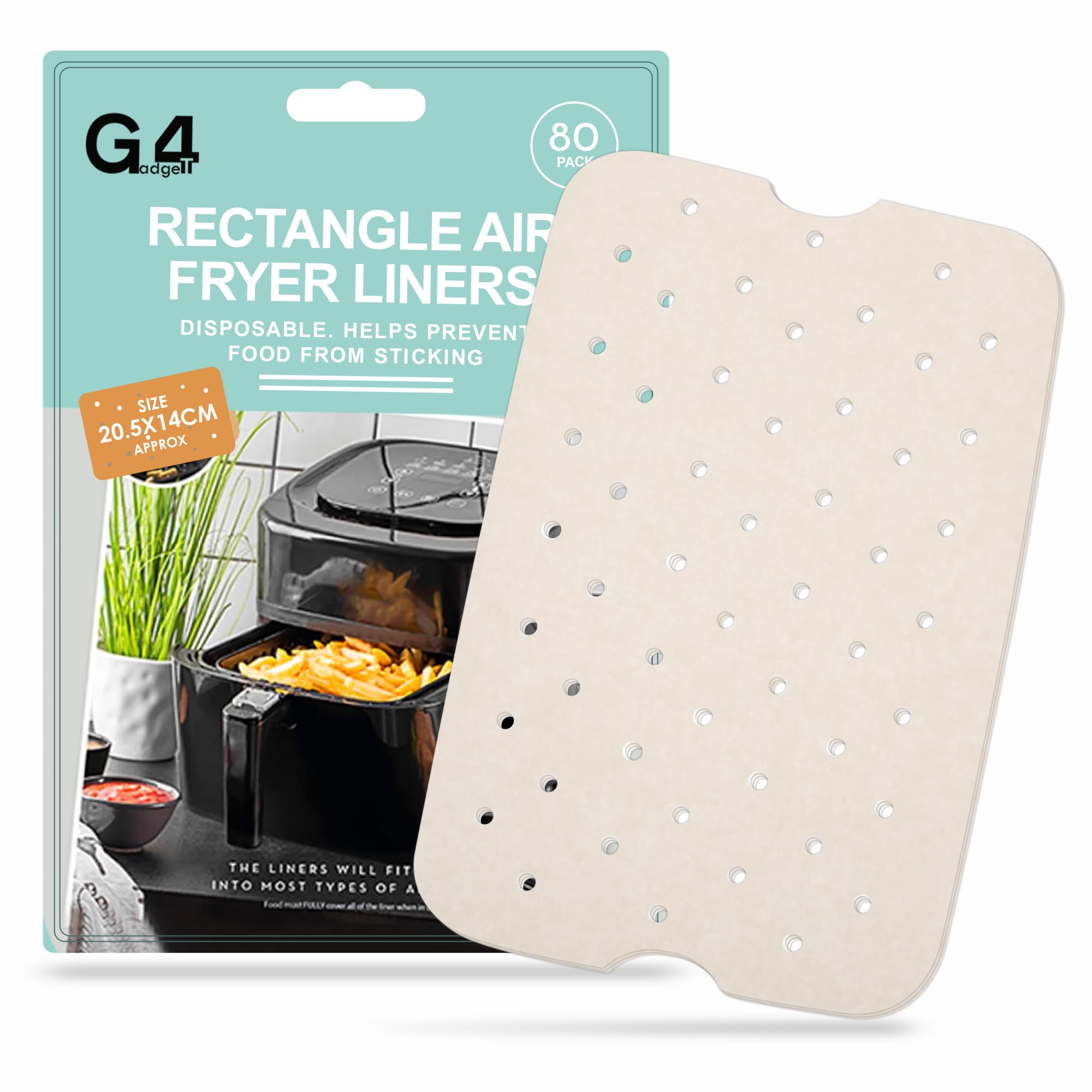G4GADGET 80 Pack Air Fryer Liners with Holes – 20.5x14cm Rectangular Perforated Sheets, Disposable Non-Stick Paper for Crispier Cooking in Air Fryers, Ovens, Steamers & Microwaves