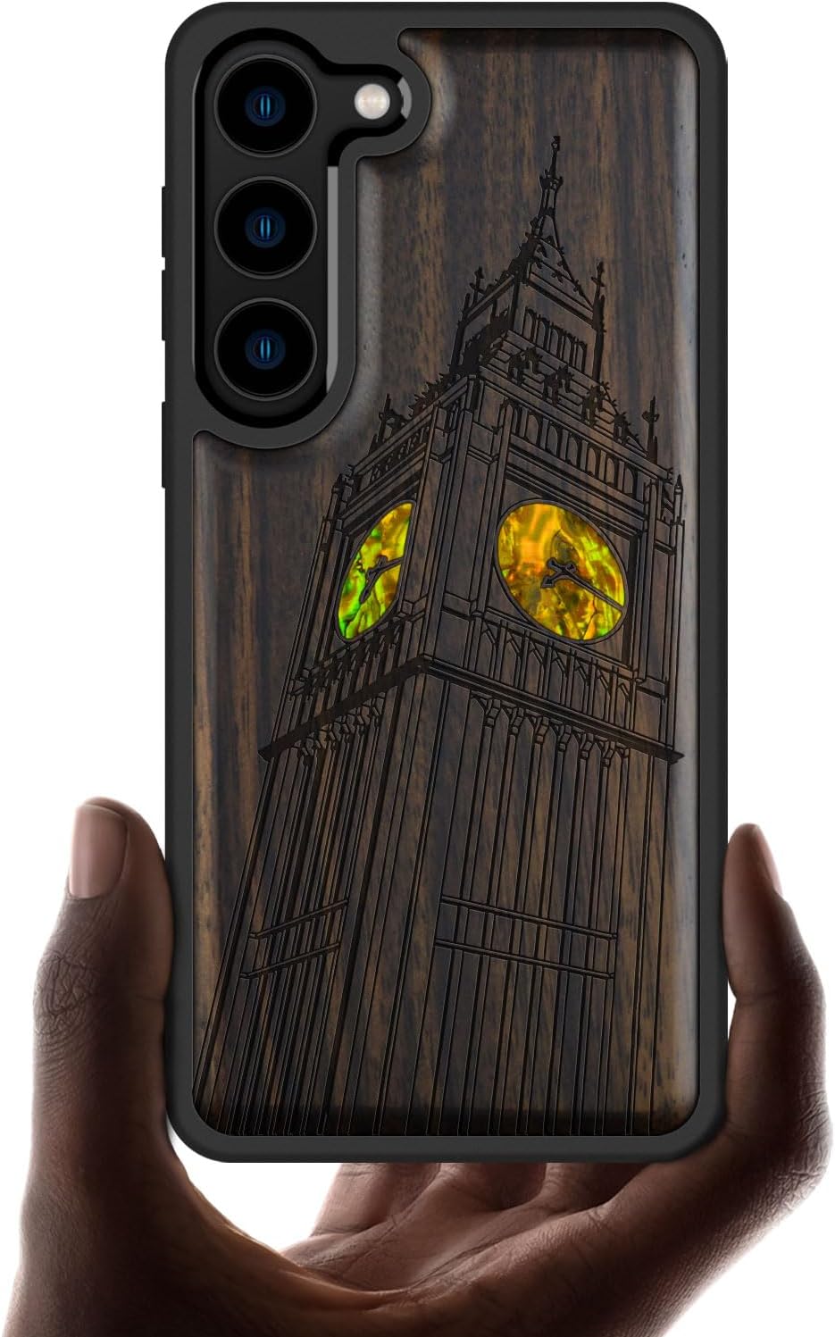 Carveit Designer Wooden Case for Samsung Galaxy S23 Cover [Wood Engraving & Shell Inlay] Compatible with Wireless Chargers S23 Case (Big Ben of London-Blackwood)