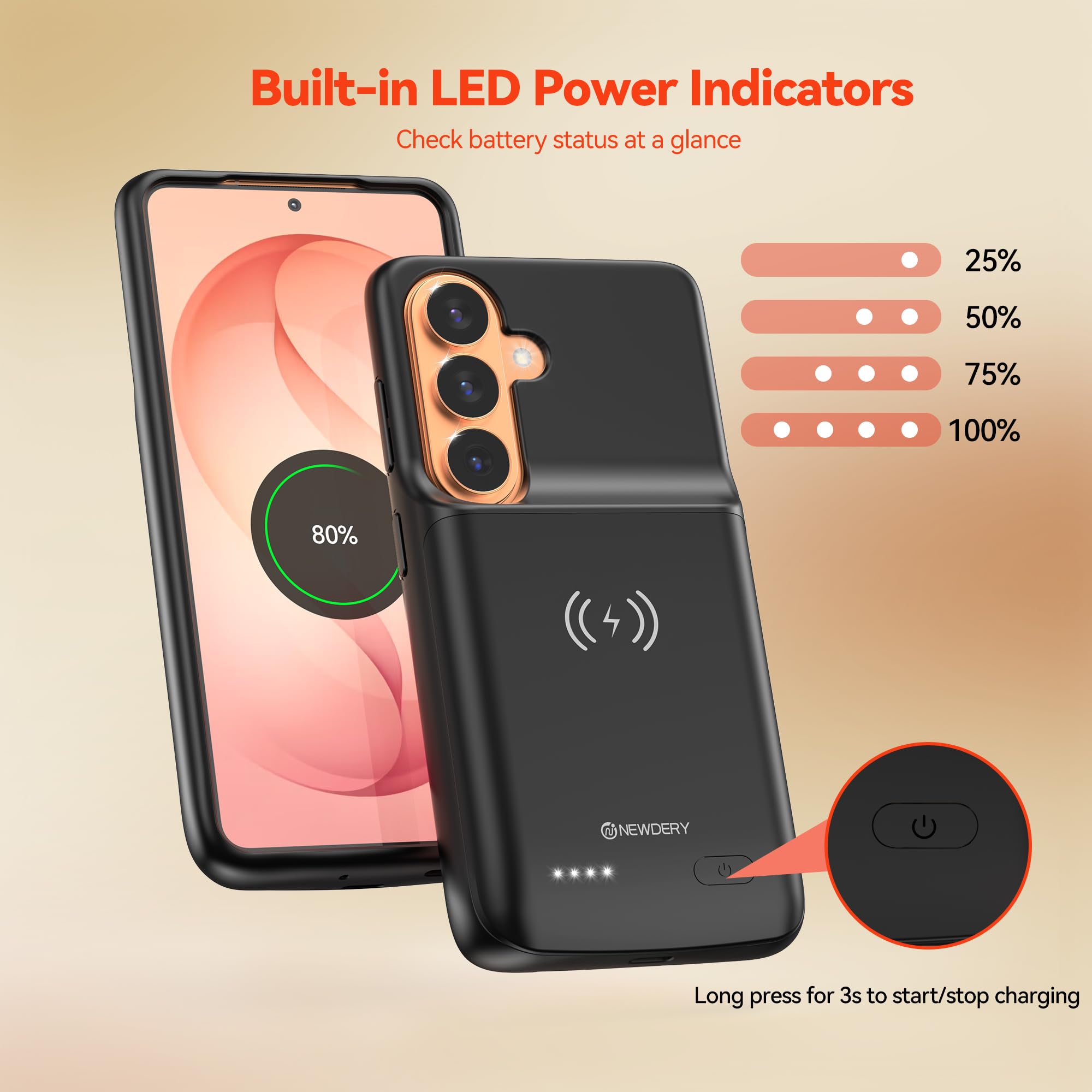 NEWDERY Akku hülle für Samsung Galaxy S26 6,3", tragbare Handyhülle mit Powerbank, kabelloses Qi-Ladegerät und USB-C-Schnellladung Battery Case