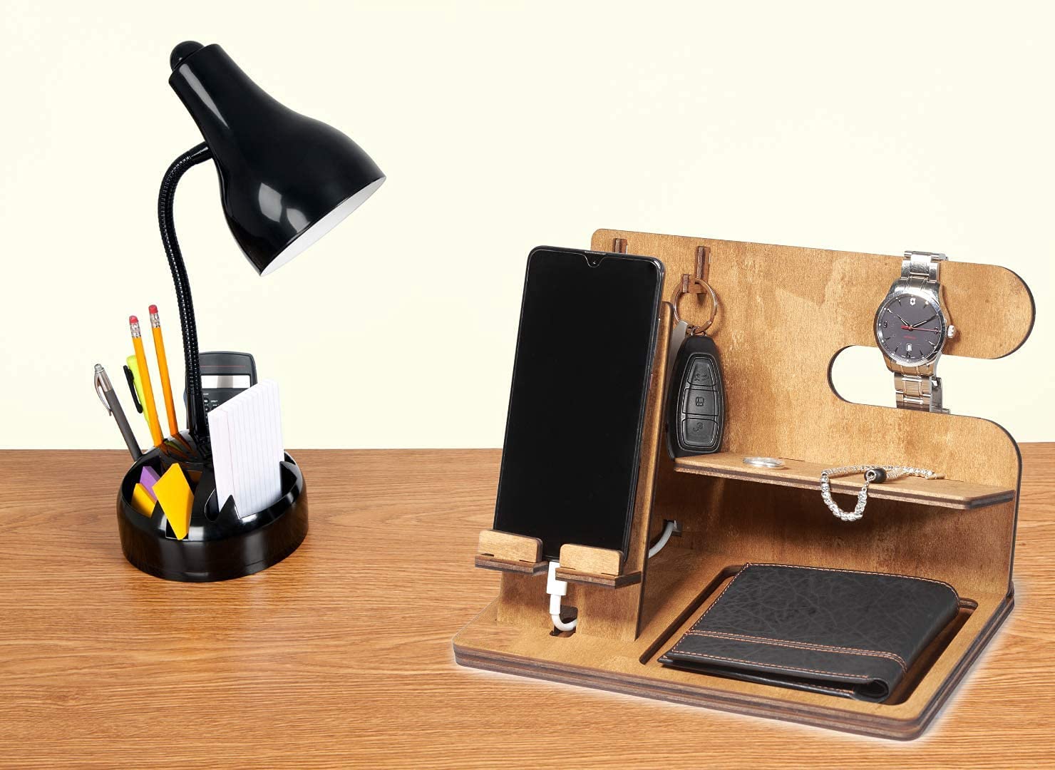 Vide-Poches En Bois Station Charge Smartphone - Organiseur Bureau Entrée Fabriqué En Italie Pour Homme Femme
