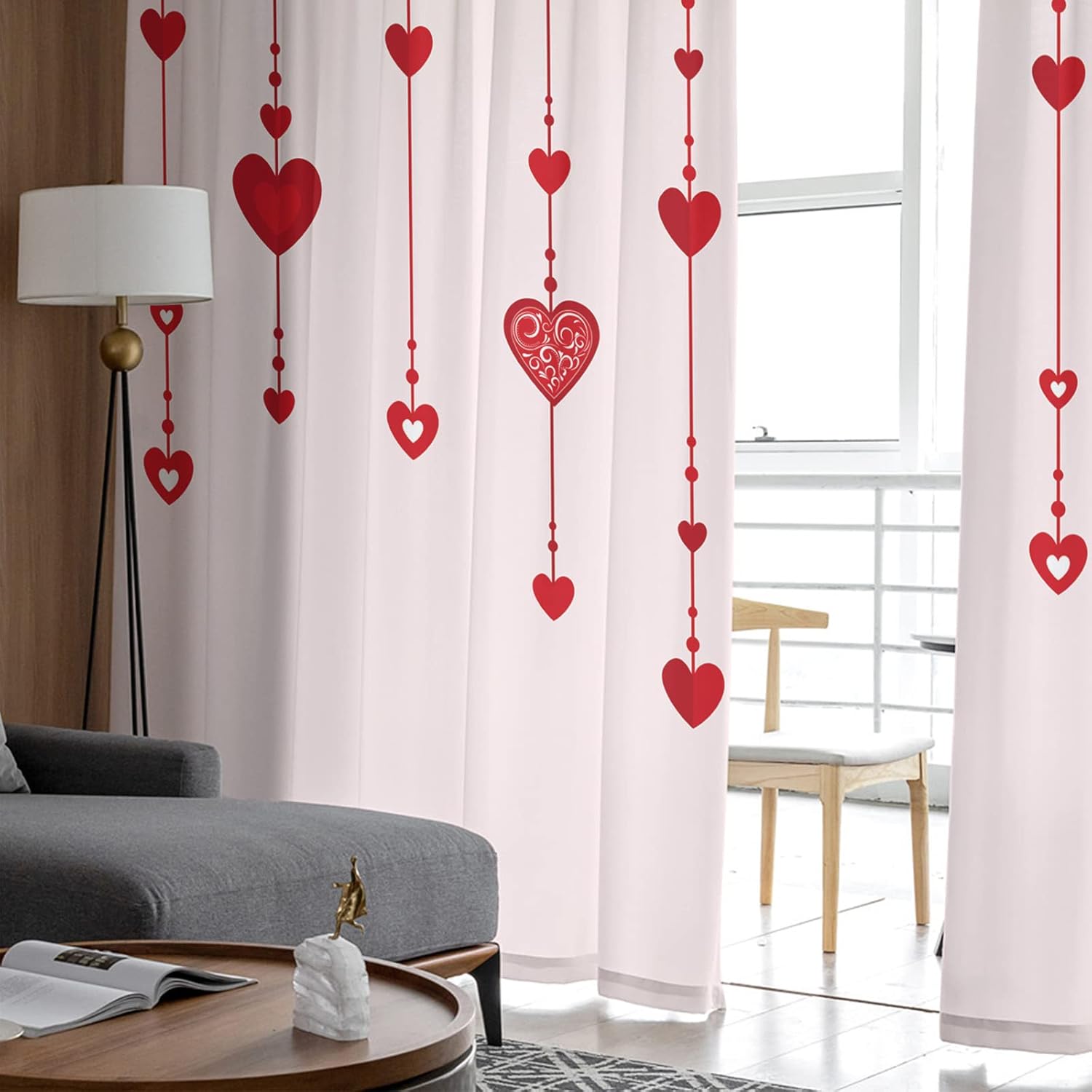Valentine's Day Sheer Curtains 96 Inches Long Valentine's Day Love Hearts Light Pink Curtains Rod Pocket Semi Sheer Panels Polyester Living Room Curtains Window Treatment, 2 Panels, 52x96 Inch