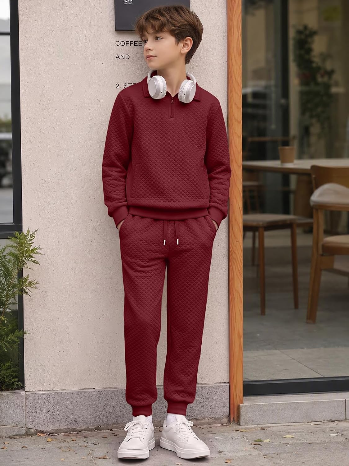 Boys 2 Piece Outfits Quilted Quarter Zip Sweatshirt and Jogger Set image 4