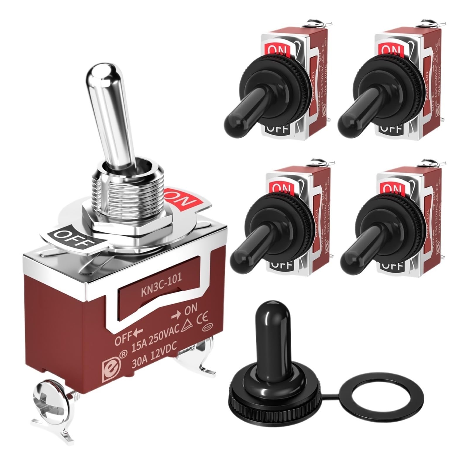 AARTERZZA 5PCS ON Off Toggle Switch 2 Position SPST Waterproof Toggle Switch 250V 30A 2 Pin Heavy Duty with Boot Cover for Auto Car Boat
