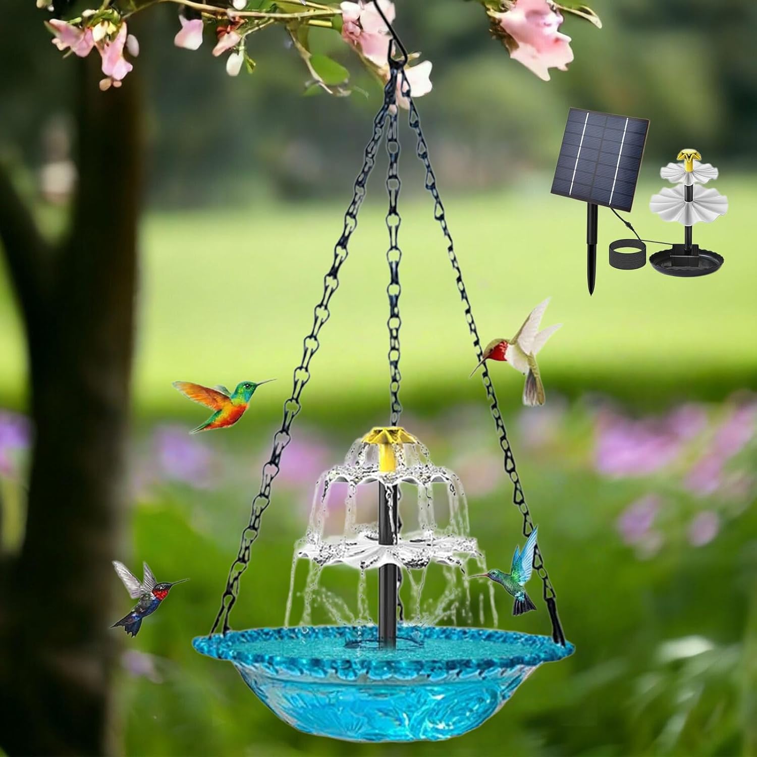 Hanging Solar Bird Bath Fountain 3 Layers, Solar Cascade Hanging Bird Bath Fountain, Cascade Glass Water Bowl with Solar Pump & Glass Bowl Attracts Birds for Garden Backyard Patio Lawn (Blue)
