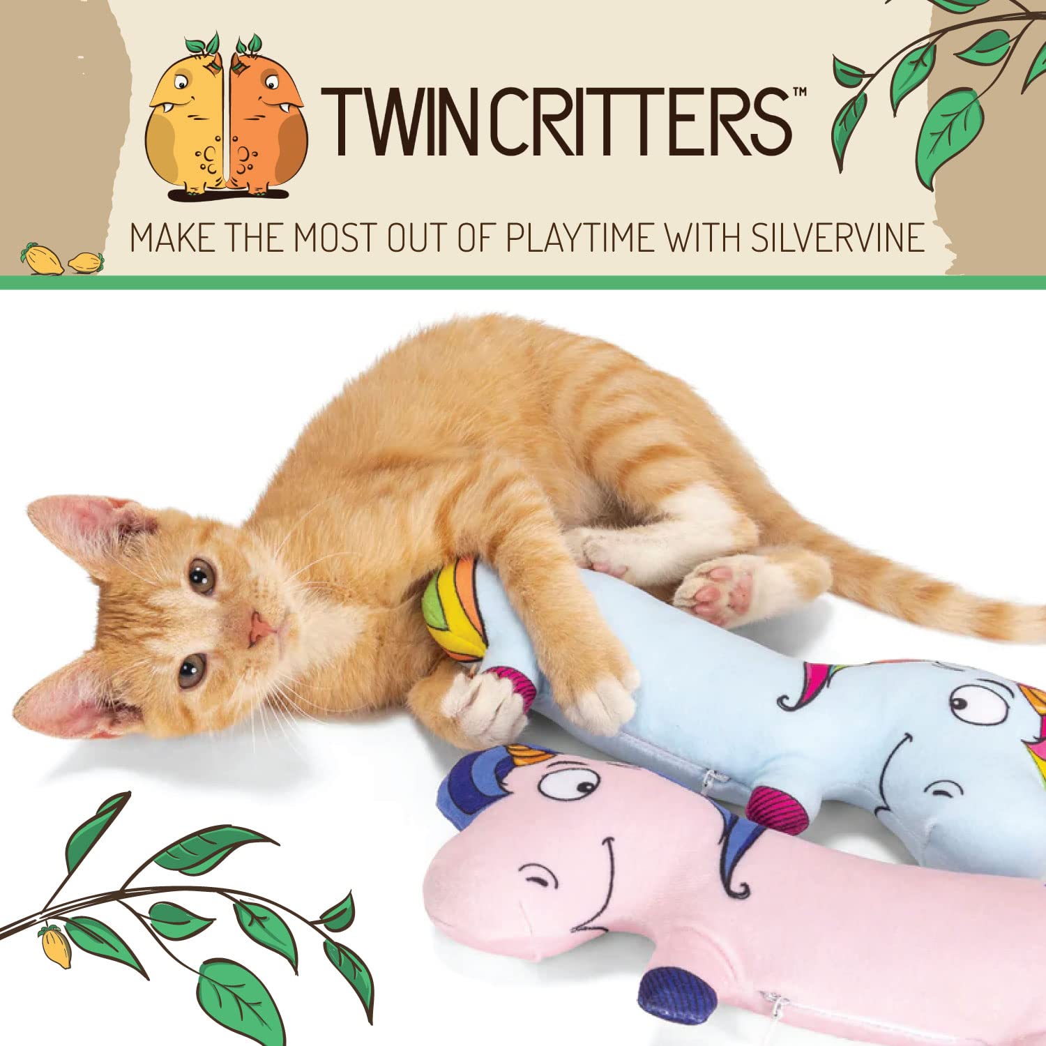 Twin Critters - Juguete de hierba de gato, diseño de unicornio rellenable (2 unidades) para gatos y gatitos, sin ingredientes artificiales