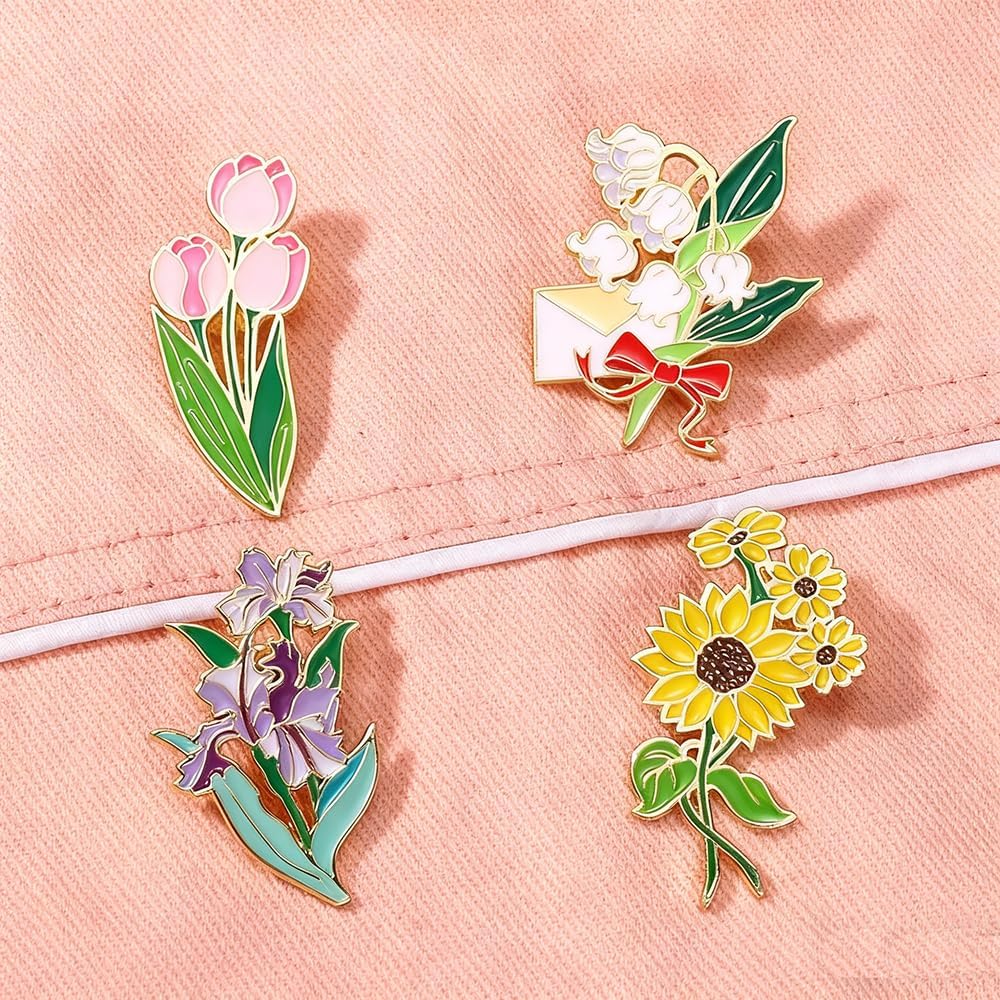 4Pcs Floral Enamel Pins Set, Colorful Flower Brooches with Sunflower, Iris, Lily of the Valley & Tulip Designs, Fashion Accessories for Bags, Clothes, Hats - Image 3