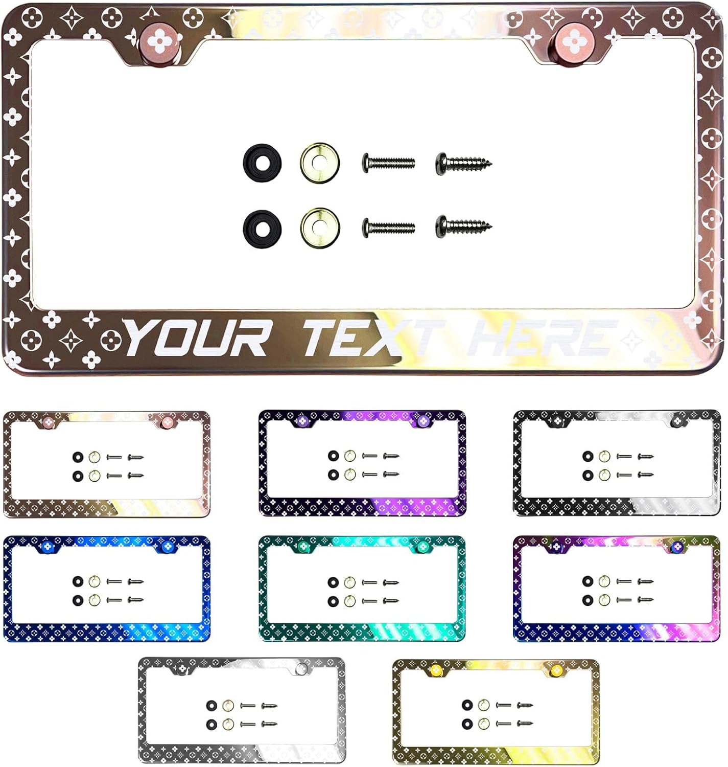 Gold Chrome Laser Etched Luxury Designer Monogram Four-Point Star Inside a Diamond Four-Petal Flower T304 Stainless Steel License Plate Frame Holder with Metal Screw Caps Cover (Qty: 1 Frame)