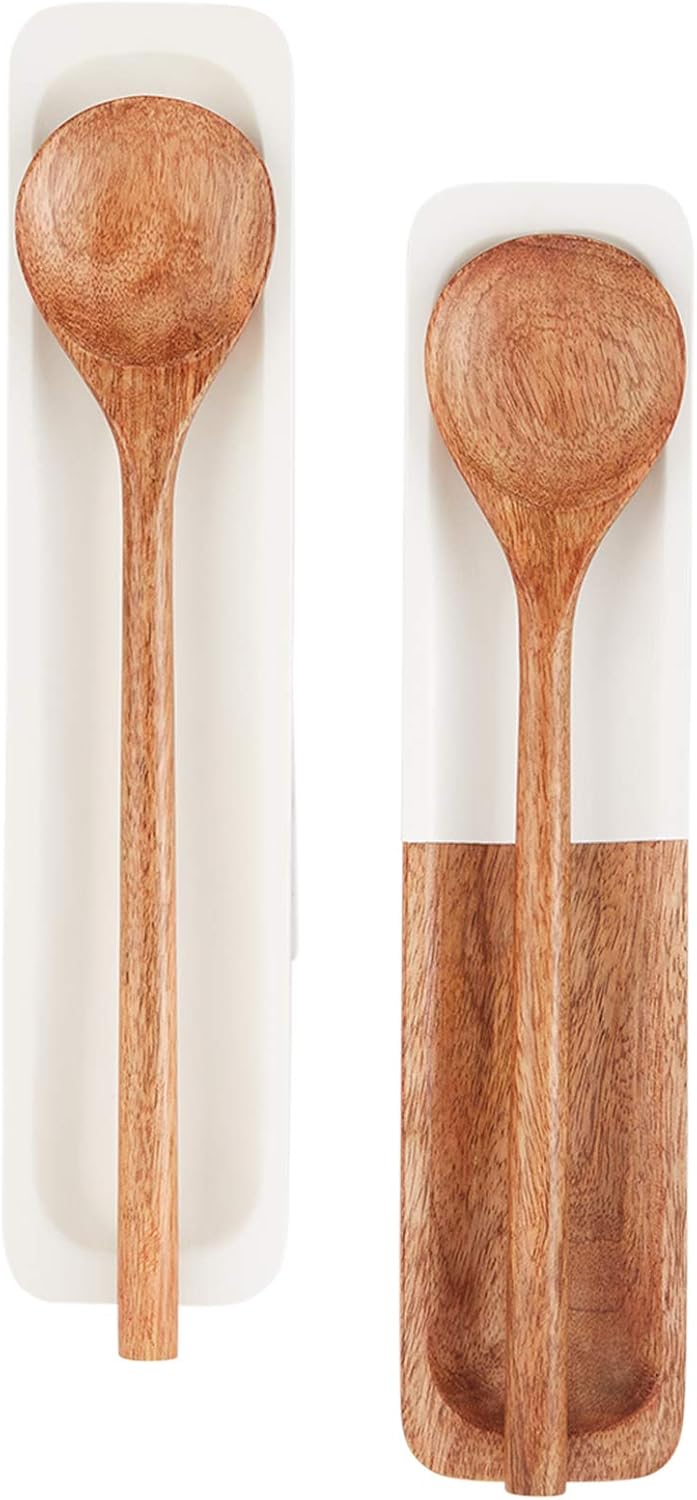 Mud Pie Wood Spoon Rest Set, 12 1/2" x 2 3/4", White