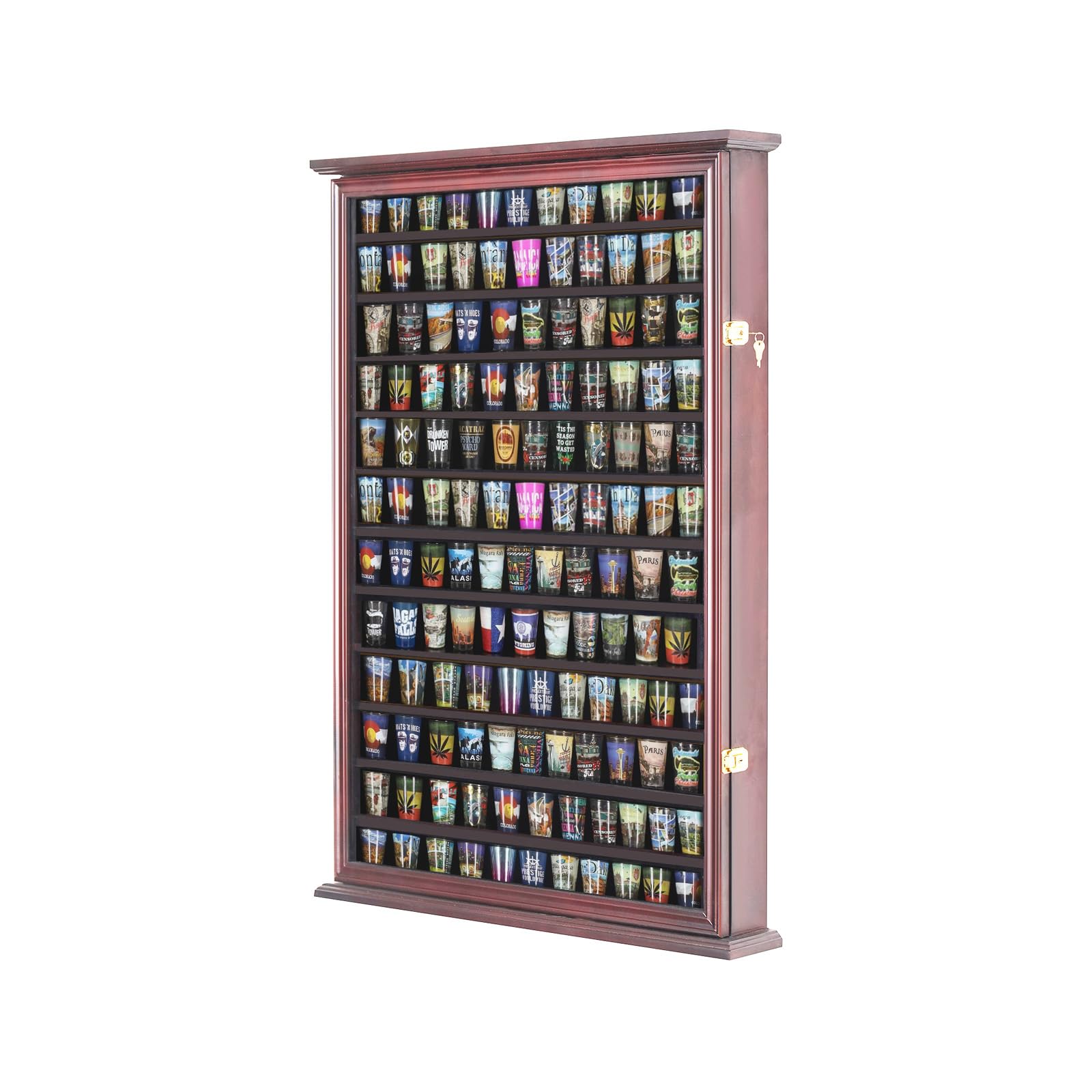Solid Wood 144 Shot Glass Display Case Holder Cabinet Wall Curio Shadow Box for Action Figures Small Figurines Rack Lockable Door-Mahogany