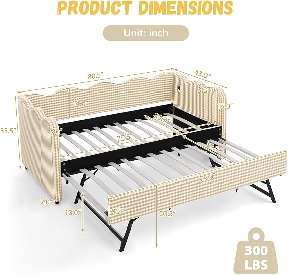 Yoglad Twin to King Size Daybed with Trundle, Plaid Linen Upholstered Day Bed Frame with USB Charging Port and Wave Backrest, Wooden Extendable Sofa Bed for Bedroom, No Box Spring Needed(Brown)
