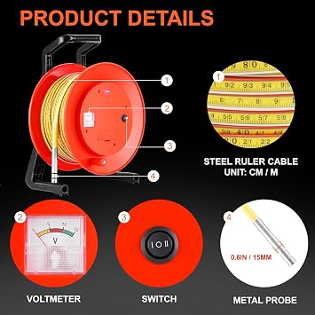 Water Level Meter, Well Water Depth Indicator with Stainless Steel Fixed Probe, Electronic Water Level Meter with Steel Tape, Ground Water Level Measure 20m 65.6ft