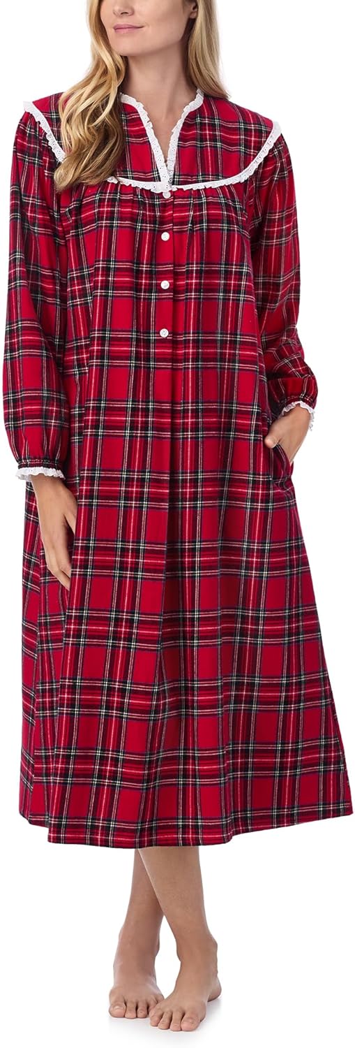 Lanz of Salzburg Sleepwear for Women Classic Long Sleeve Open Neck Soft Flannel Pajama Nightgown