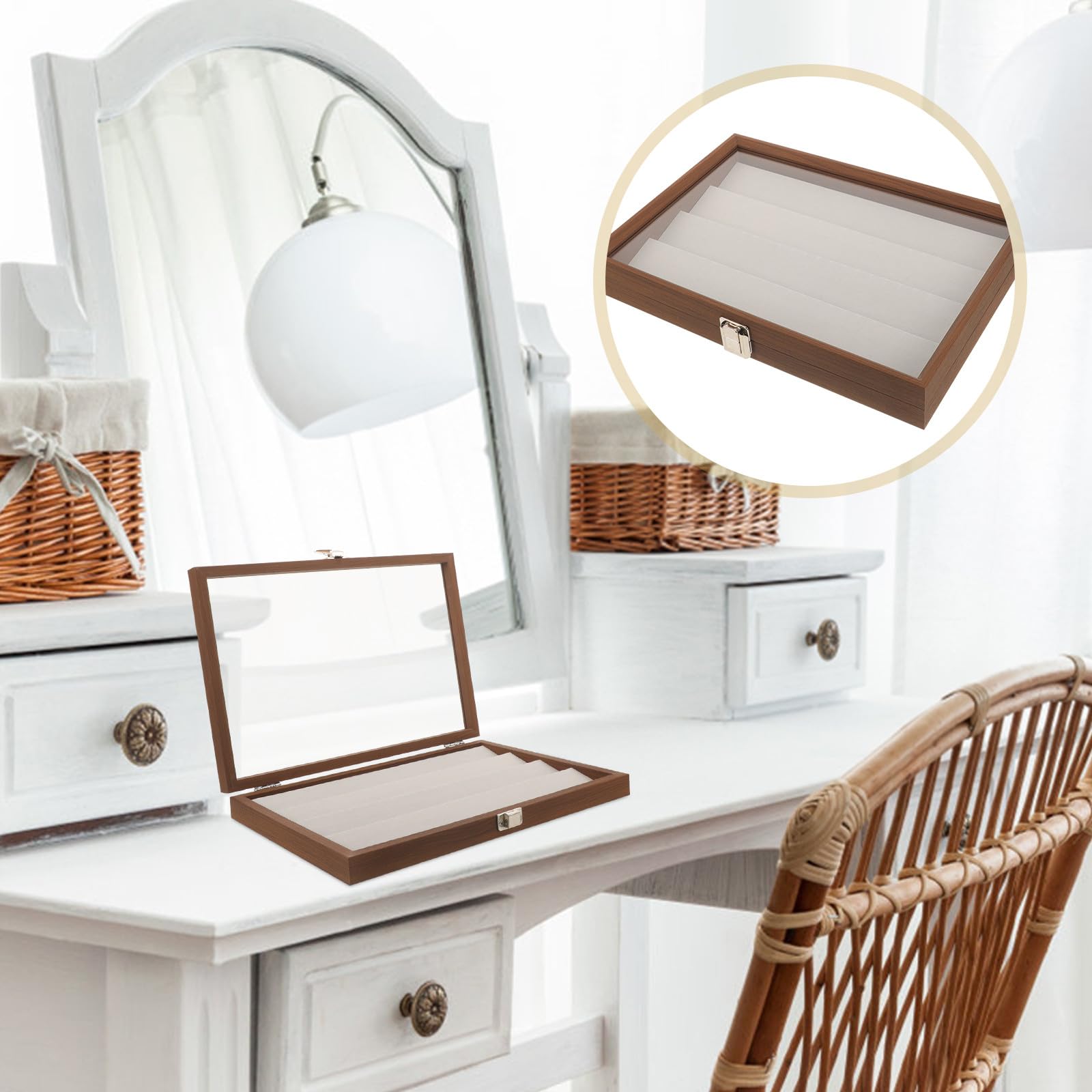 Amosfun Joyero de Madera Multifuncional 360x251x50mm para Exhibir y Organizar Anillos, Pendientes y Collares, Contenedor de Exhibición de Joyas Práctico y Compacto para Uso Diario