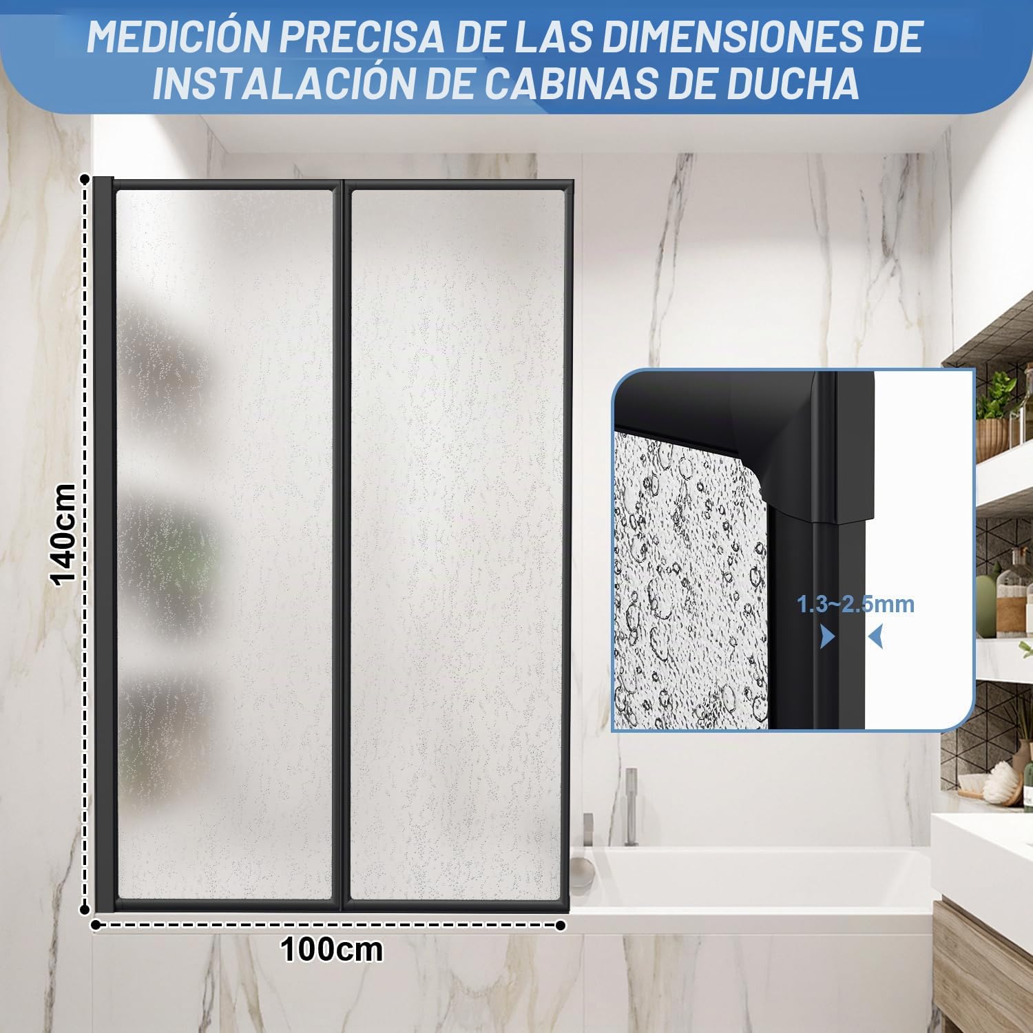 Mampara de ducha de plástico para bañera, antiastillas, 100 x 140 cm, 2 piezas, plegable, marco de aluminio negro, montaje a izquierda y derecha, con aspecto de gota