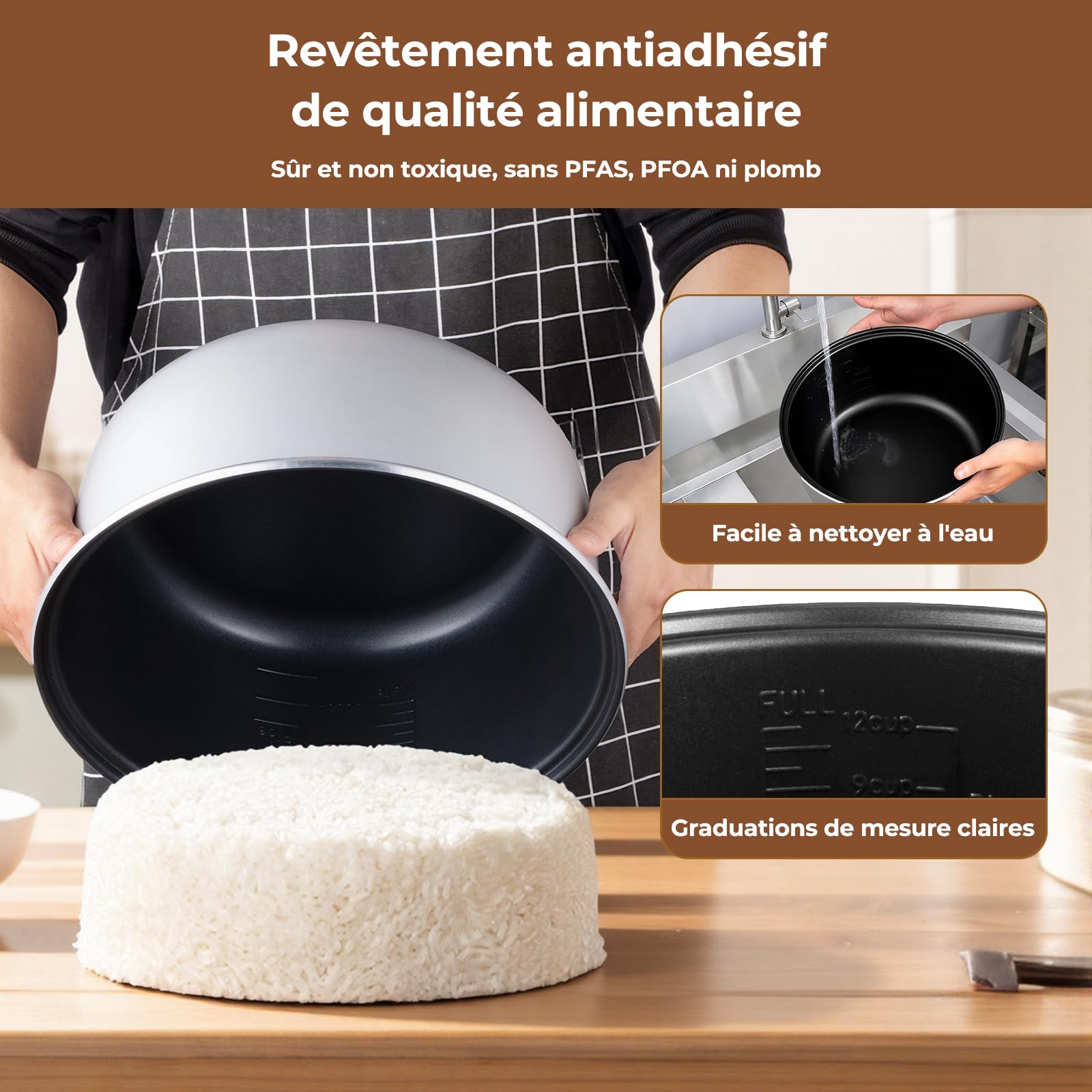 Cuiseur à Riz Professionnel 10 L 1850 W, Cuiseur de Riz Électrique Grande Capacité, Maintien au Chaud, 50 Tasses de Riz Cuit, Cuve Antiadhésive, Cuisson Rapide pour Restaurant, Traiteur