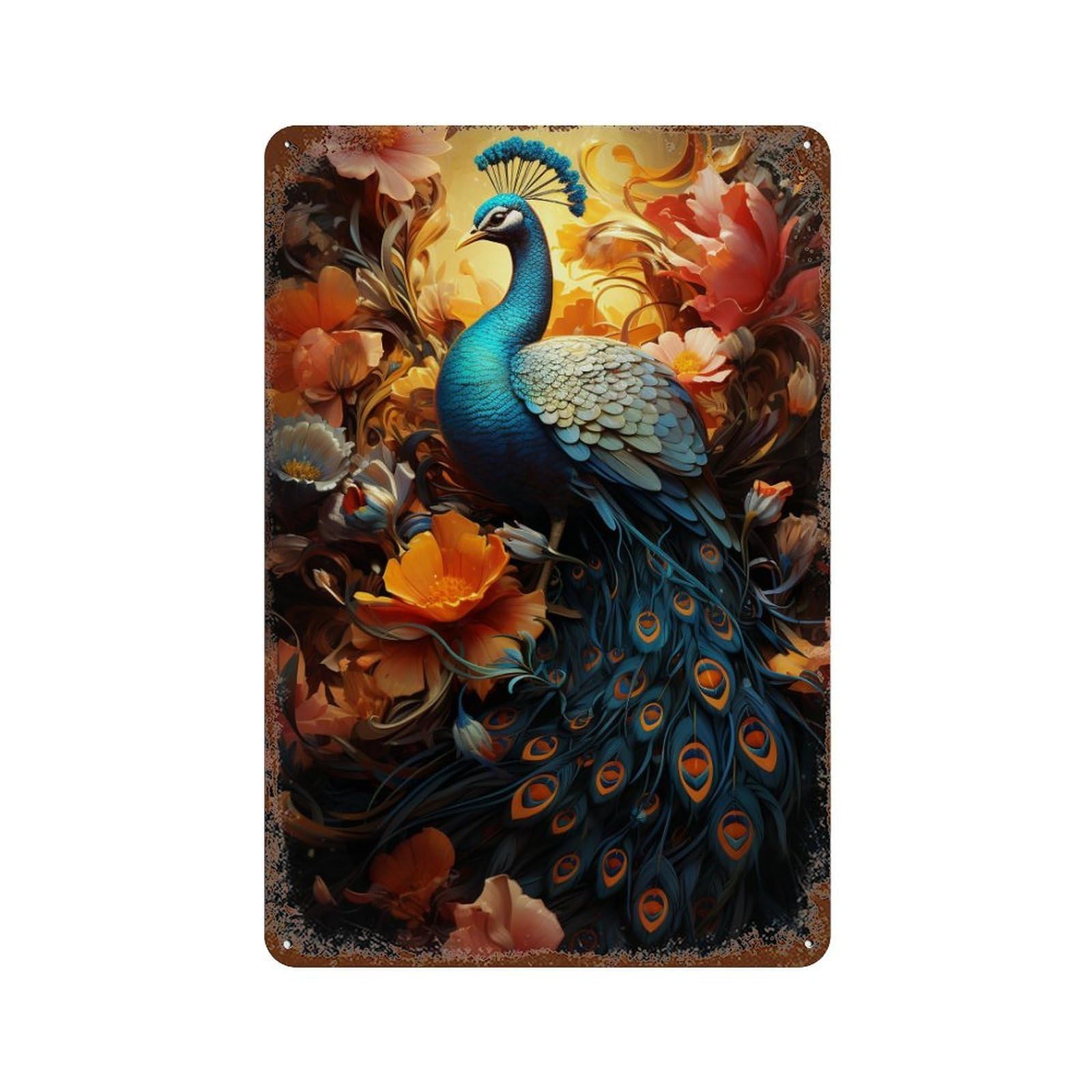 Peacock with Flowers Rustic Tin Plaque 11.8"x7.9", Classic Wall Plaque for Garage, Pub Or Kitchen