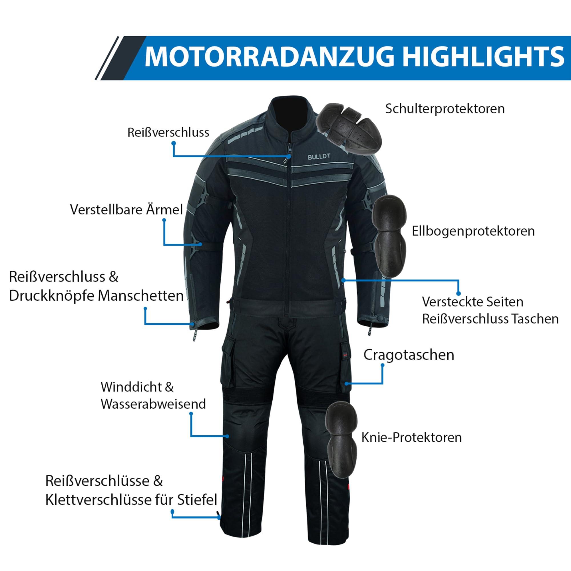 BULLDT 2-teiler Motorradkombi Herren sommer mit abnehmbar CE-Protektoren & Thermofutter - leicht Jacke ATV Quad Scooter mit Tech-Mesh-Netz 360° Sicherheit-Reflektoren & Zipper-Taschen