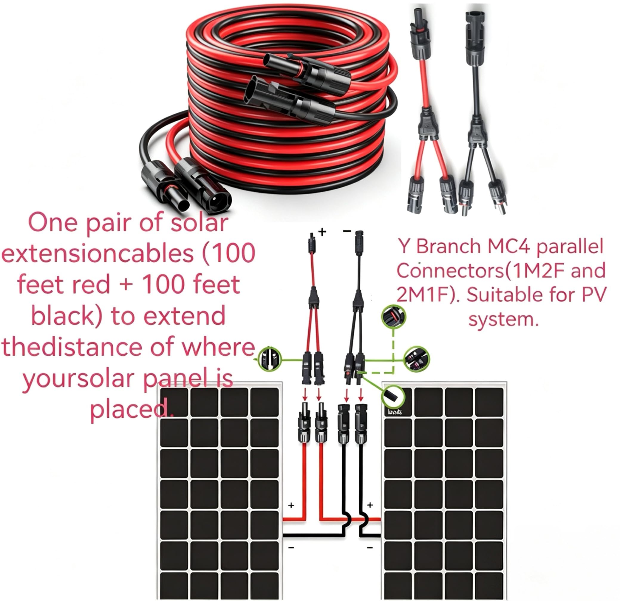 2 cavi di prolunga per pannello solare da 30 m, 10 AWG, 6 mm², con connettori impermeabili femmina e maschio, con 2 connettori a Y MC4, kit adattatore per camper, sistemi fotovoltaici